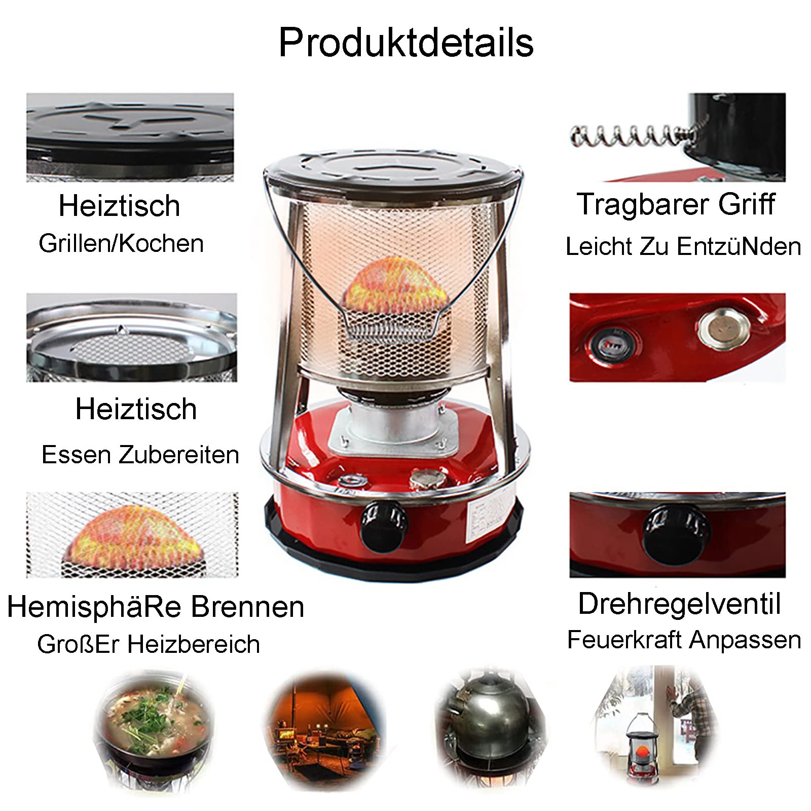 QDF 4.6L 2600W Petroleumofen für Innenräume, 2 in 1 Tragbarer Petroliumheizer, Heizung Ohne Strom Innen, Camping-Heizofen, für Eisfischen Wandern Jagd Überleben Notfall-Terrasse