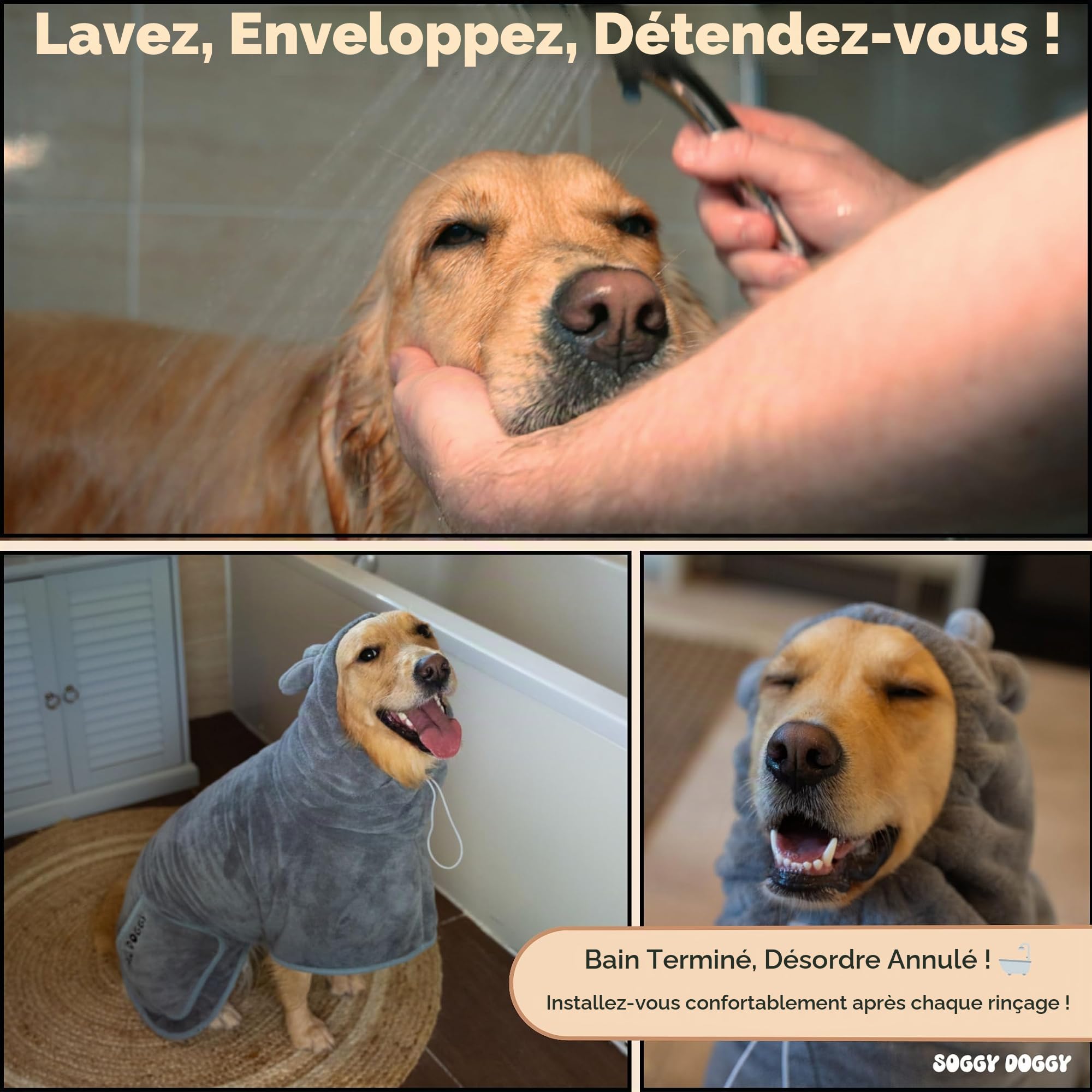 SOGGYDOGGY® UK : Manteau de séchage de luxe pour chien, super absorbant, en microfibre, séchage rapide en quelques minutes, peignoir épais et doux – Pour le bain, le marié et les voyages, couvre les