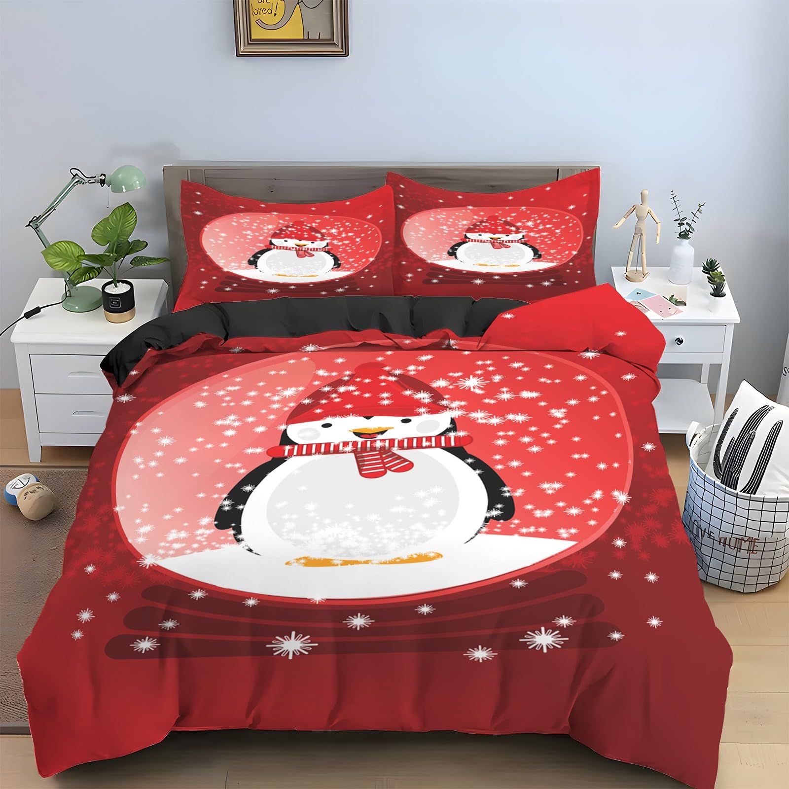 Housse de couette 160x200 manchot avec ses deux taies d'oreiller