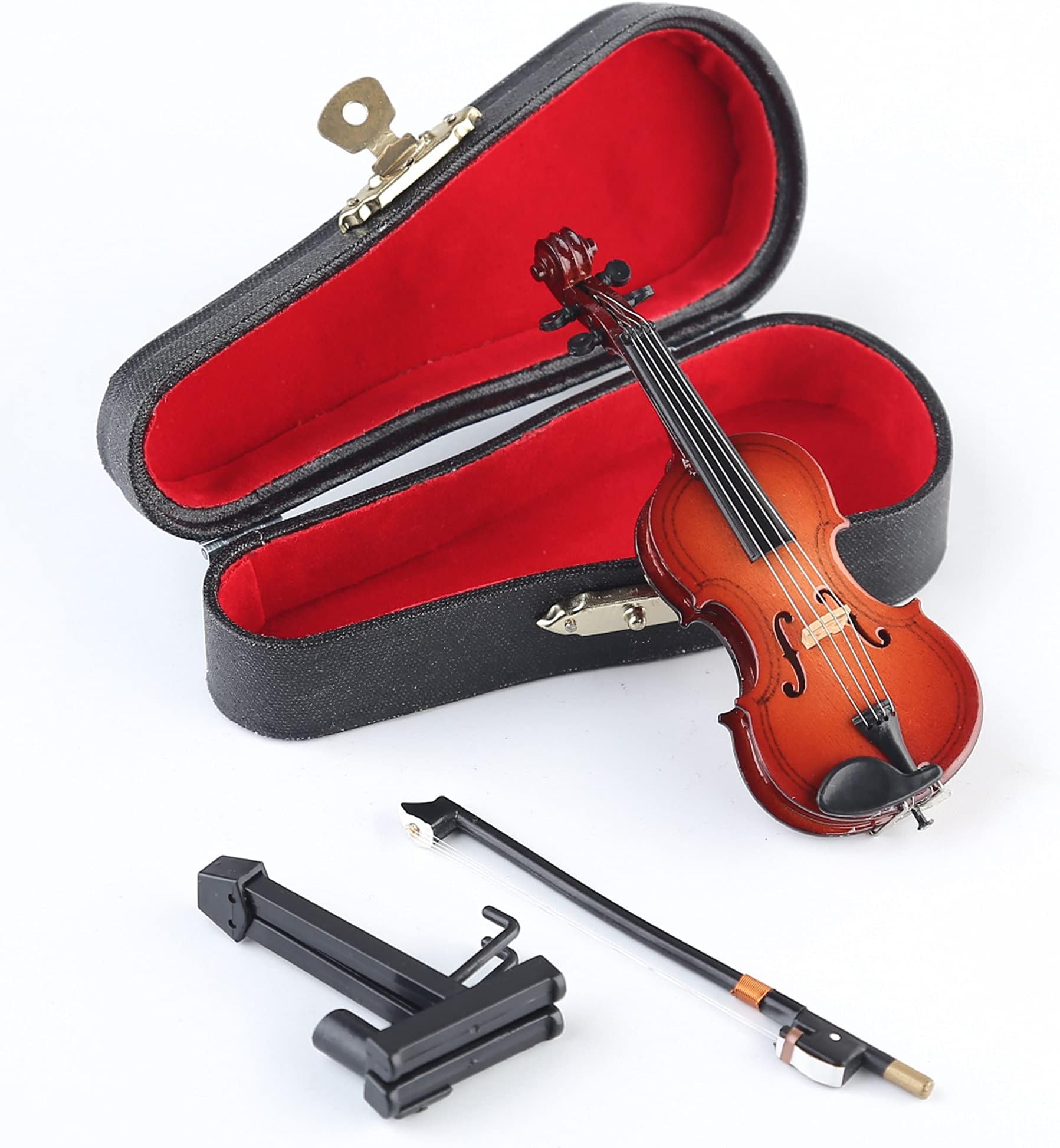 Wooden Miniature Violin with Stand, Bow and Case Mini Musical Instrument Violin Replica Collectible Figurines Dollhouse Accessories Model Home Decoration Display Ornament (3.94"x1.57"x0.63")