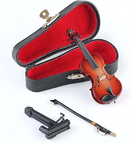 Violín en miniatura de madera con soporte, arco y estuche, mini instrumento musical, réplica de violín, figuras coleccionables, accesorios de casa