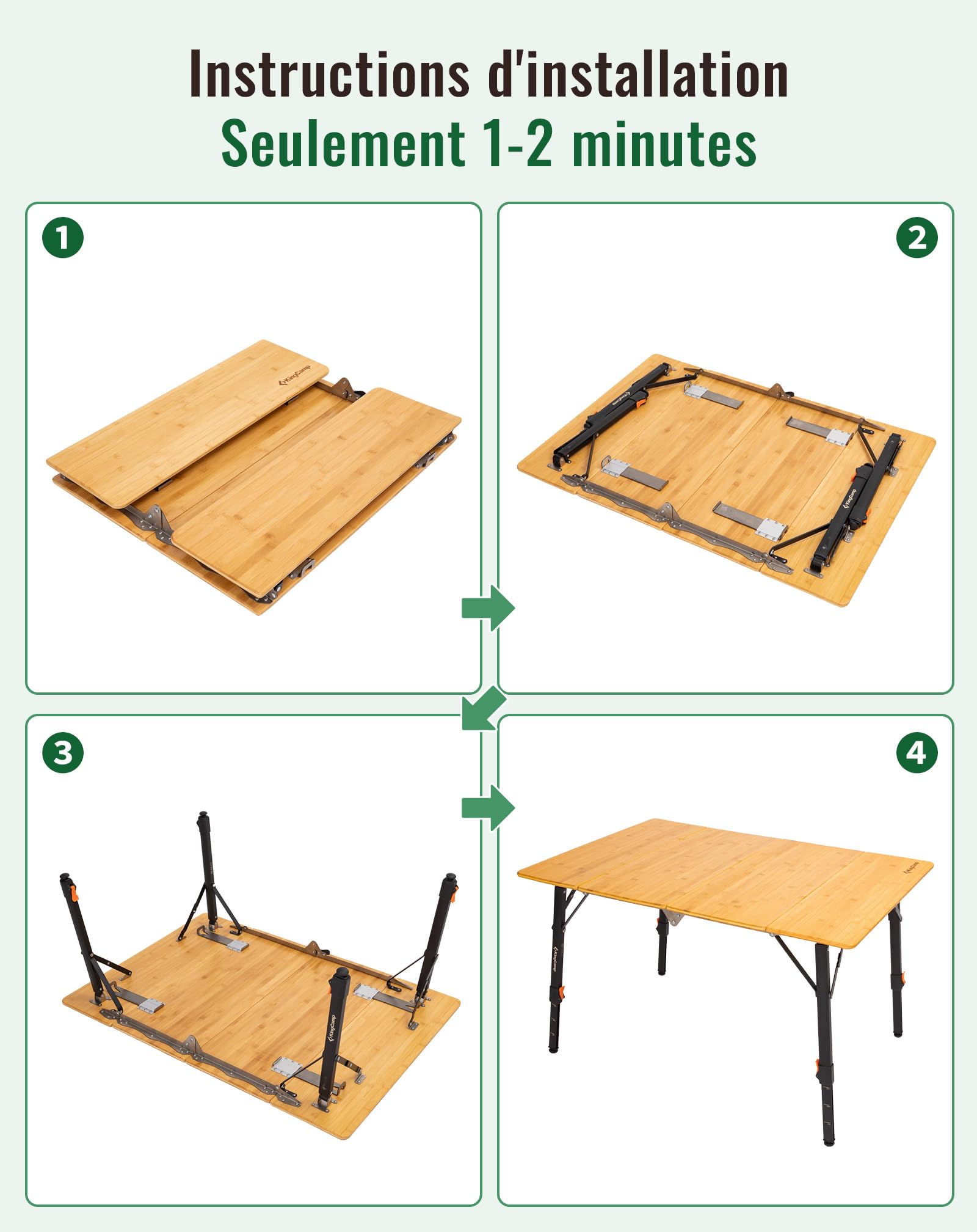 KingCamp Table de Camping Bambou 100x70 cm Table Pliante Hauteur Réglable 42~70 cm pour 2 à 6 Personnes Table de Camping Pliable 4 Foiss Capable de Supporter Jusqu'à 80 kg
