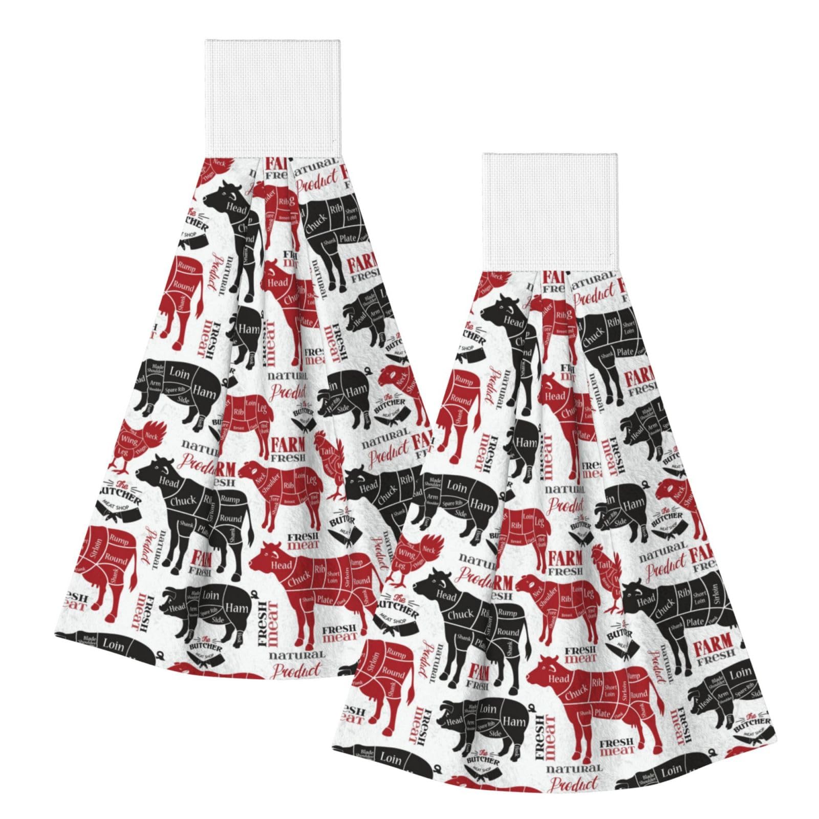 DOPKLNA Meat Cuts Diagrams Butcher Shop, 2 Pcs Hanging Coral Fiber Hand Towels for Bathroom, Absorbent Kitchen Towels