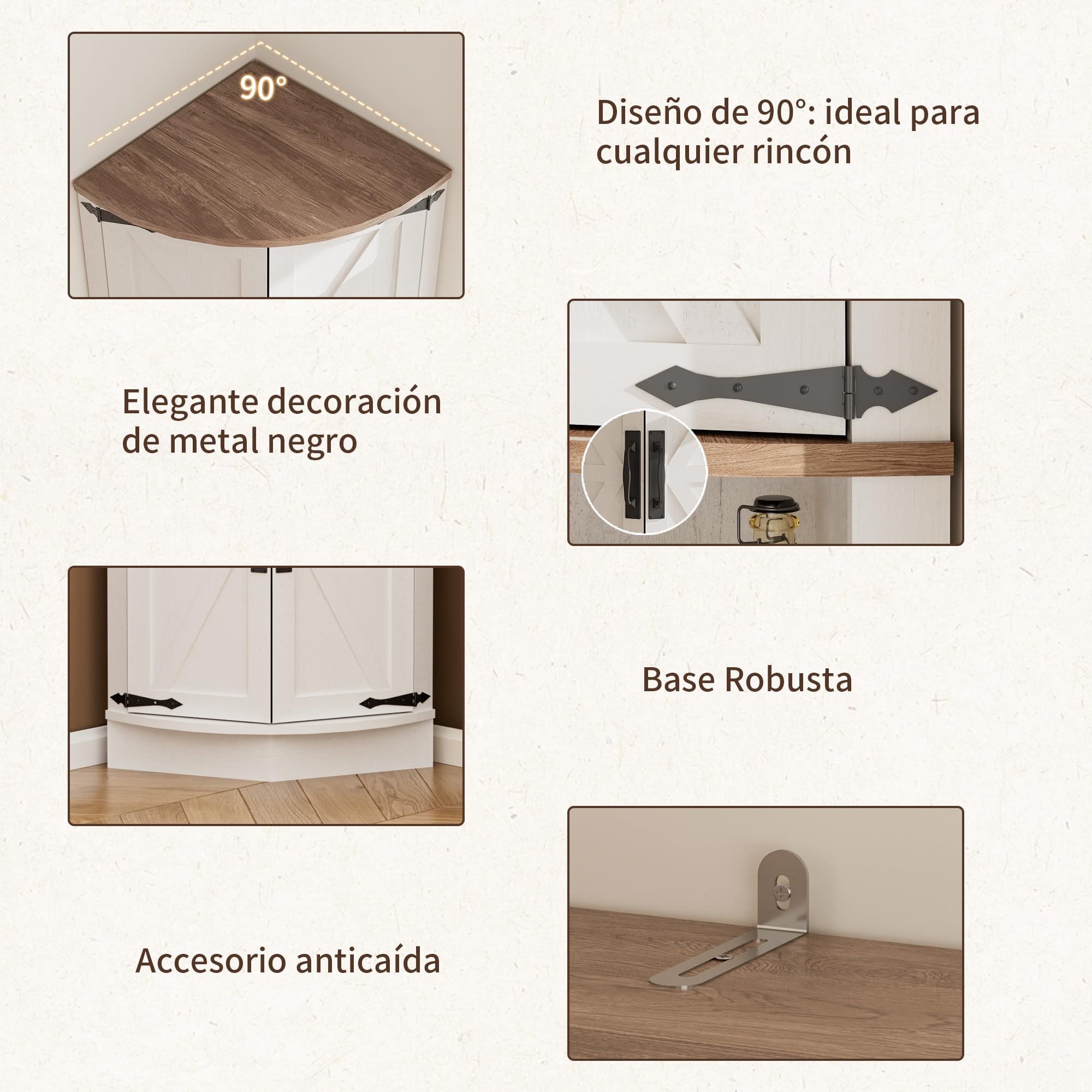 BonVache Armario Esquinero, con Puertas y Estante Ajustable, para Baño, Cocina, Salón, Diseño Rústico Moderno, Blanco