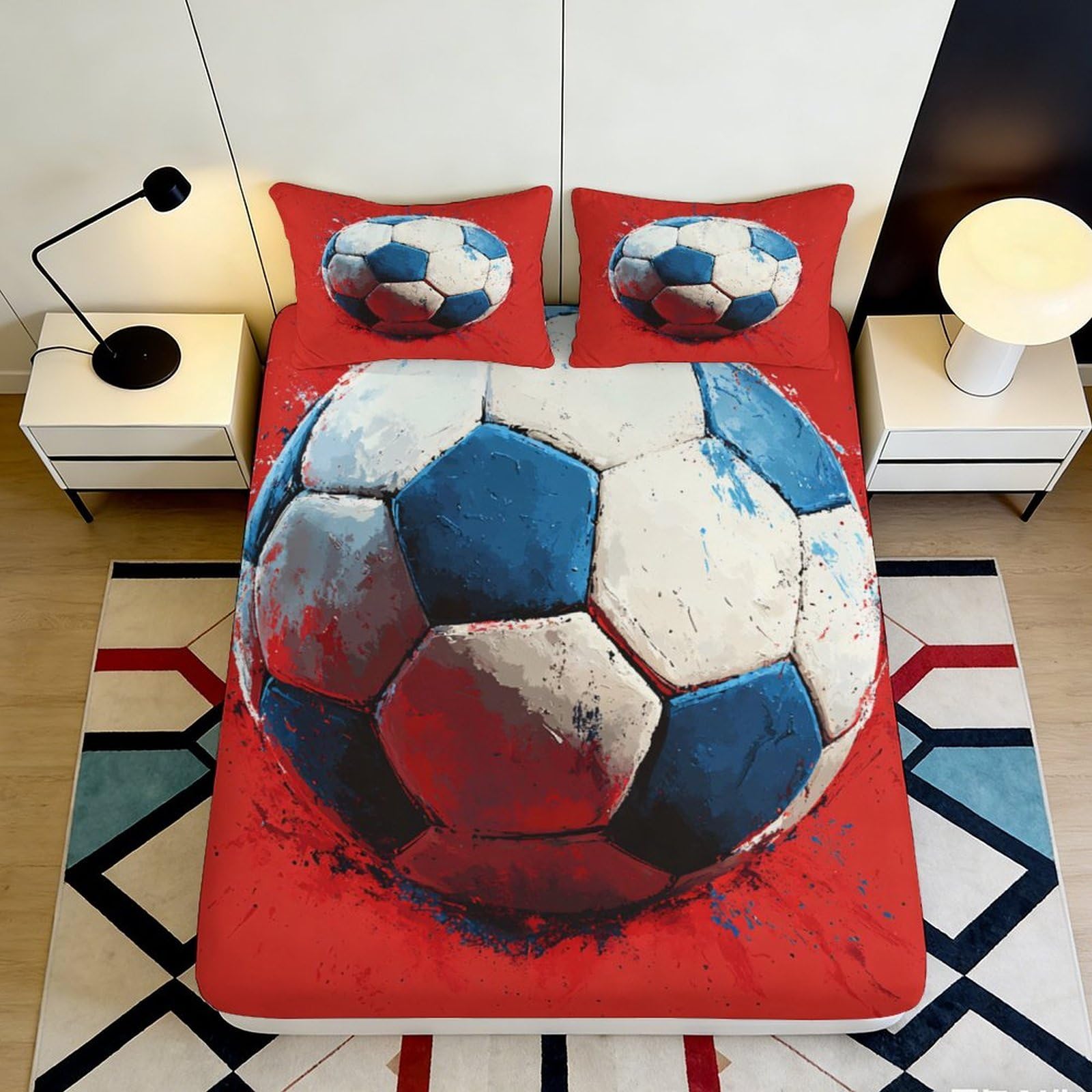 K1r3d9e5 Style-3 3D Printed Red Blue Soccer Ball Fitted Sheet Microfiber Soft Breathable Football Bed Cover For Bedroom Guest Room Dorm Mattress Protection Decor 90X200x25cm