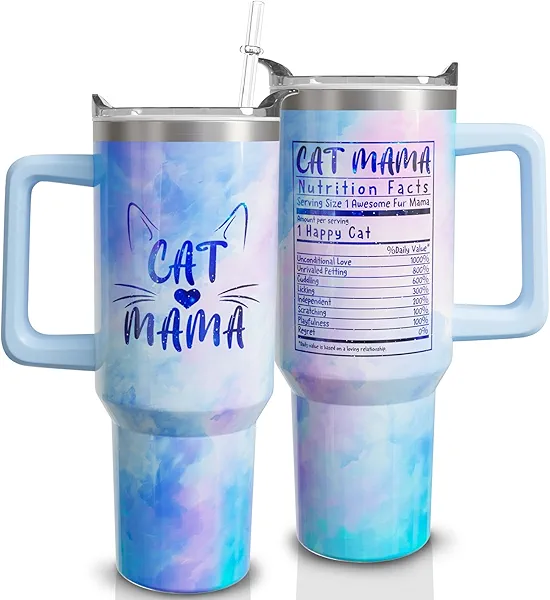 qoepfnsh 40 oz Cat Mama Tumbler with Handle and Straw, Stainless Steel Insulated Cats Travel Coffee Mug Cup Water Bottle, Cat Lover Gifts for Women Girls