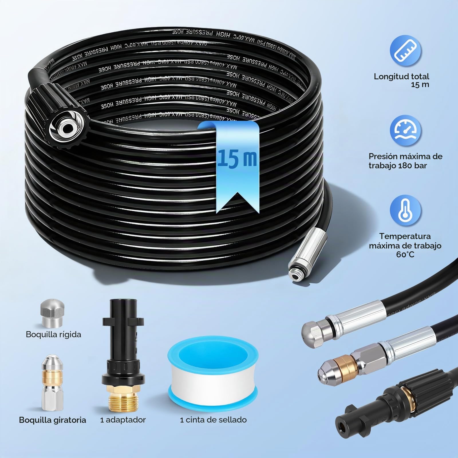 15m Manguera Desatascadora, Sonda Desatascadora de 400 Bar/5800PSI con Adaptador, 2 Boquillas (de Chorro y Giratoria) y 1 Cinta de Teflón, Compatible con Kärcher K2-K7 para Uso Doméstico