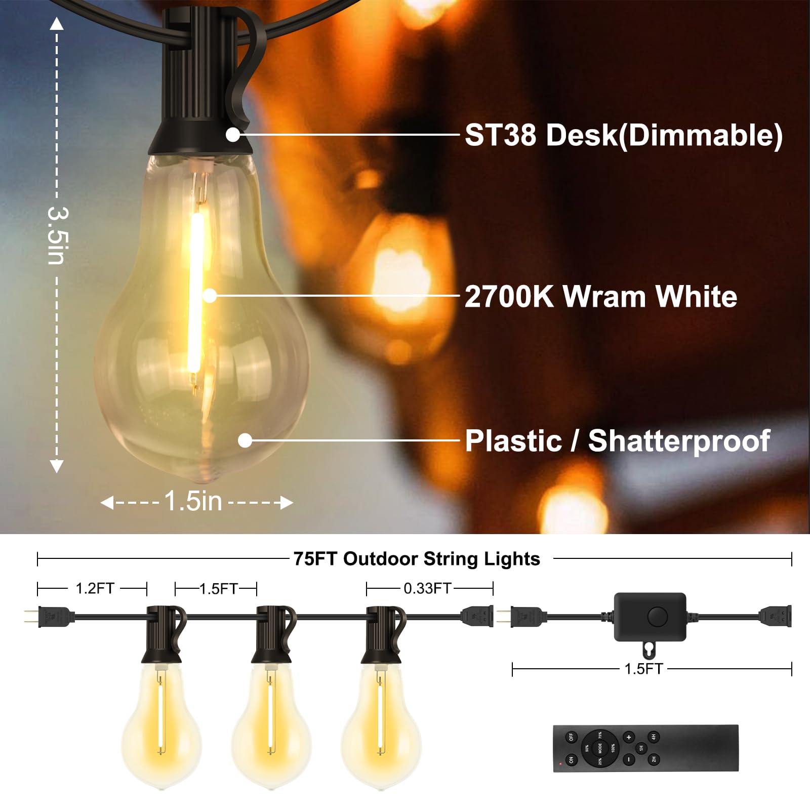 Cadena de luces para exteriores de 75 pies impermeable con 50 + 4 bombillas (espacio de bombillas de 1.5 pies), control remoto y regulador, cadena de luces comerciales para patio con 3 modos