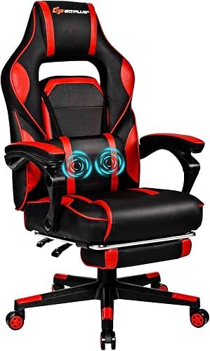 Goplus Silla de masaje para juegos, respaldo reclinable, ajuste de altura del asiento, silla de oficina para computadora de carreras con reposapiés,