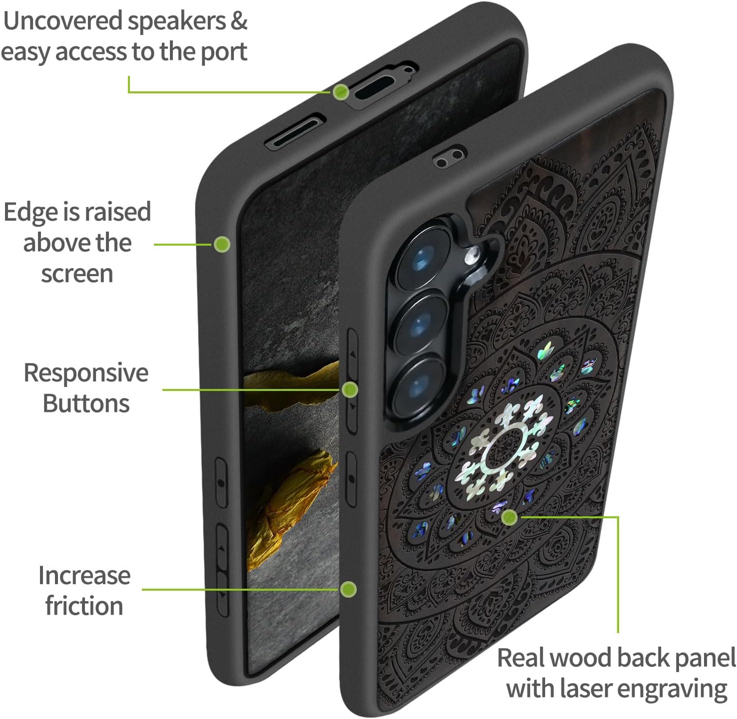 Carveit Designer Wooden Case for Samsung Galaxy S24 Case [Wood Engraving & Shell Inlay] Compatible with Wireless Chargers S24 Cover (Mandala Floral-Blackwood)