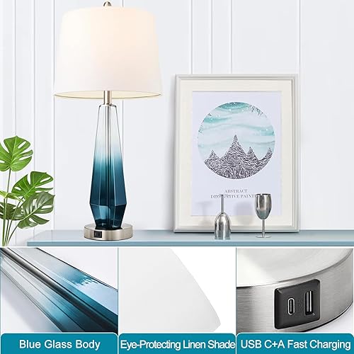 Miniatura 6 de Juego de 2 lámparas de mesa modernas, de 28 pulgadas, color verde azulado con USB C+A, lámpara de cristal azul, lámparas costeras con pantalla de