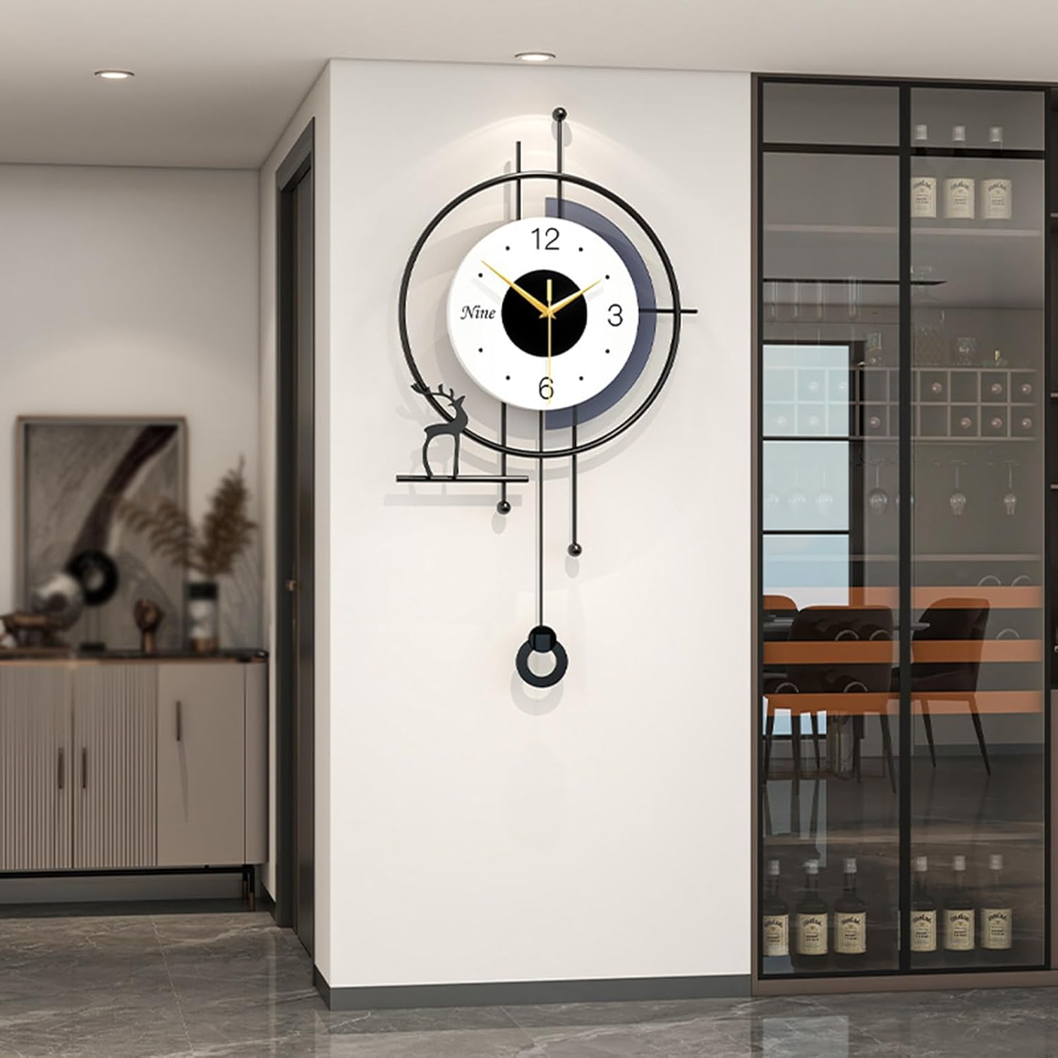 Modern Nordic Style Wall Clock Minimalist Creative Decorative Wall Clocks Silent Battery Powered Pendulum Clock Metal Frame + Wooden Dial Quartz Clock for Living Room Kitchen Bedroom Office, 13*25 in