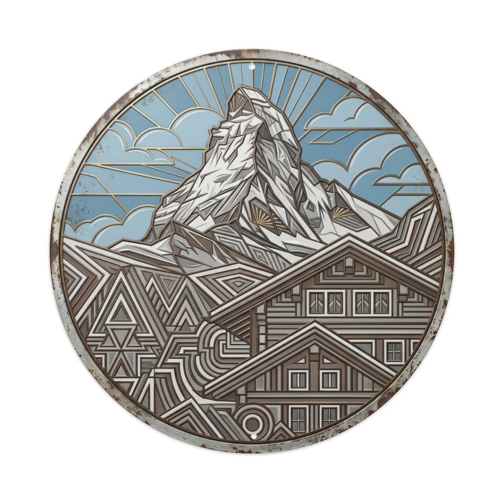 Matterhorn Macro Lodge Travel 1 Metal Tin Sign Plaque Wall Decor for Cafe, Club Bar, Office, Home Garden Round Metal Poster 8x8Inch