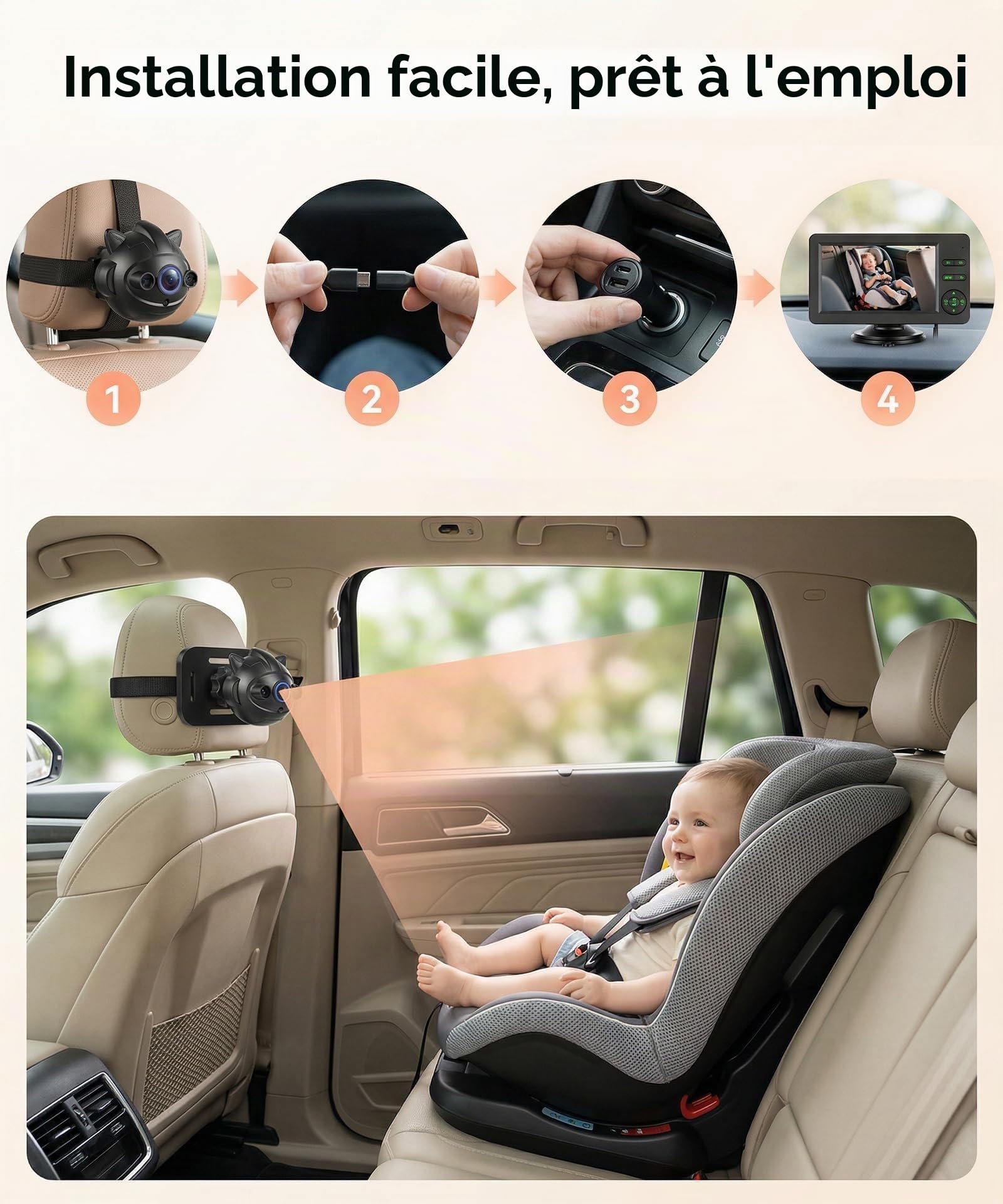 Rimoody Baby Caméra de Voiture pour Siège Arrière, Moniteur Miroir de Vue Arrière Bébé 4,3 Pouces IPS, Retroviseur Voiture Bebe Main Libre Bluetooth & Musique, Vision Nocturne, Lumières Sept Couleurs
