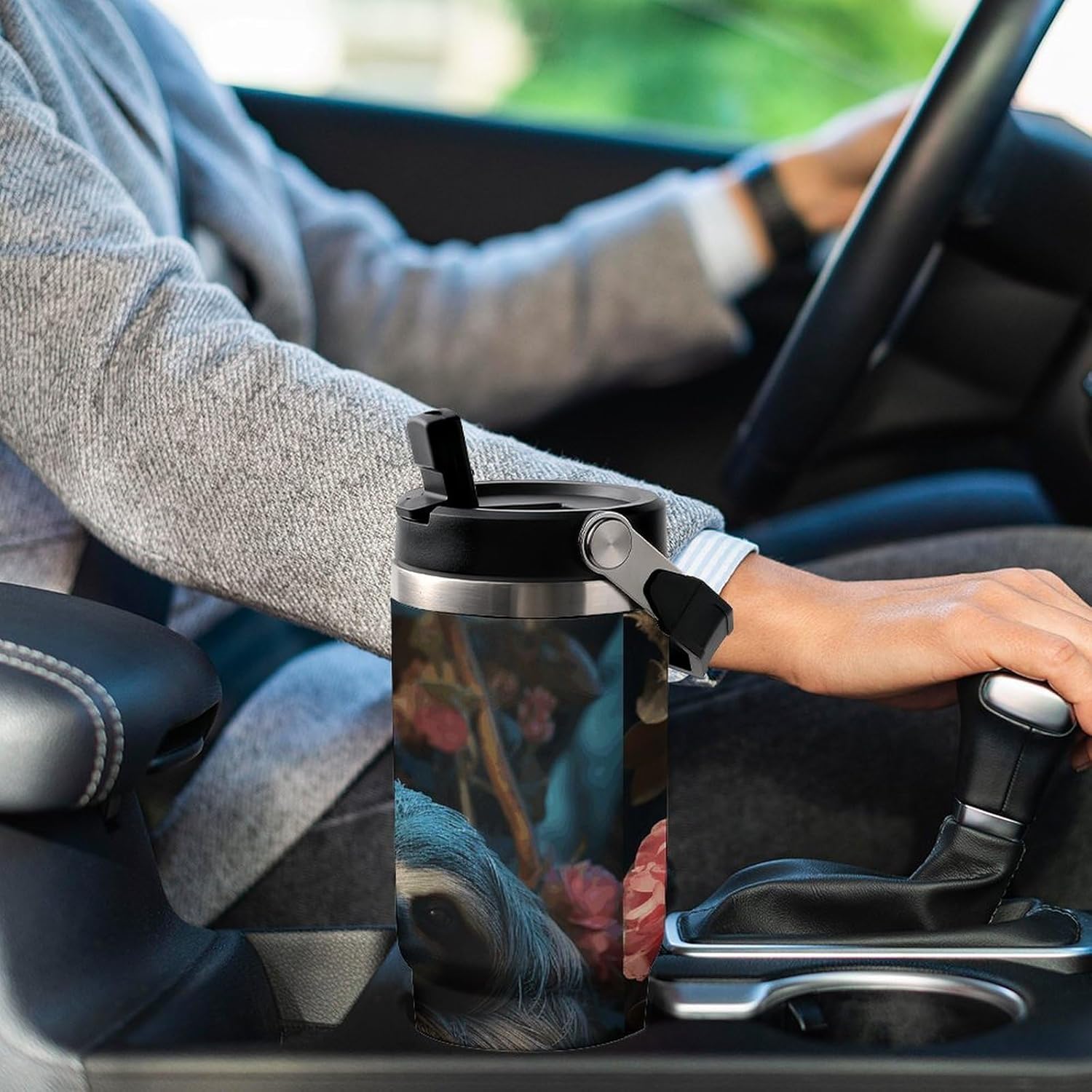 30oz Insulated Tumblers with Top Handle, Stainless Steel A Sloth And A Small Sloth Car Cup with Straw for Gift, Leak-Proof Double Wall Vacuum Travel Mug, Personalized Water Bottles Black