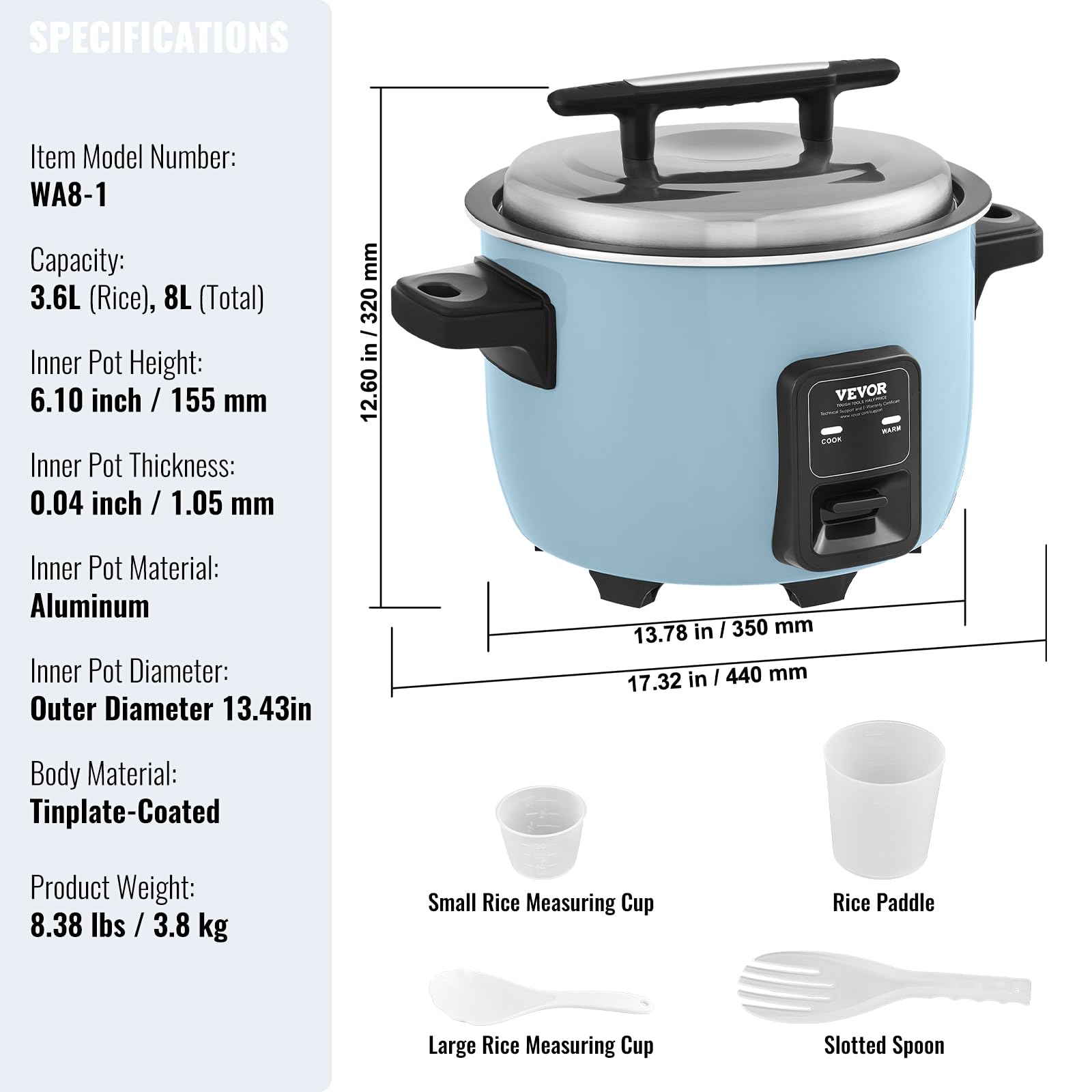 VEVOR Cuiseur à Riz Commercial, Auto-cuiseur de Riz 40 Tasses 8 Litres, Grand Pot Intérieur Antiadhésif, Cuisson Rapide, Maintien au Chaud 24 Heures, avec Tasse Doseur et Spatule, pour Restaurant