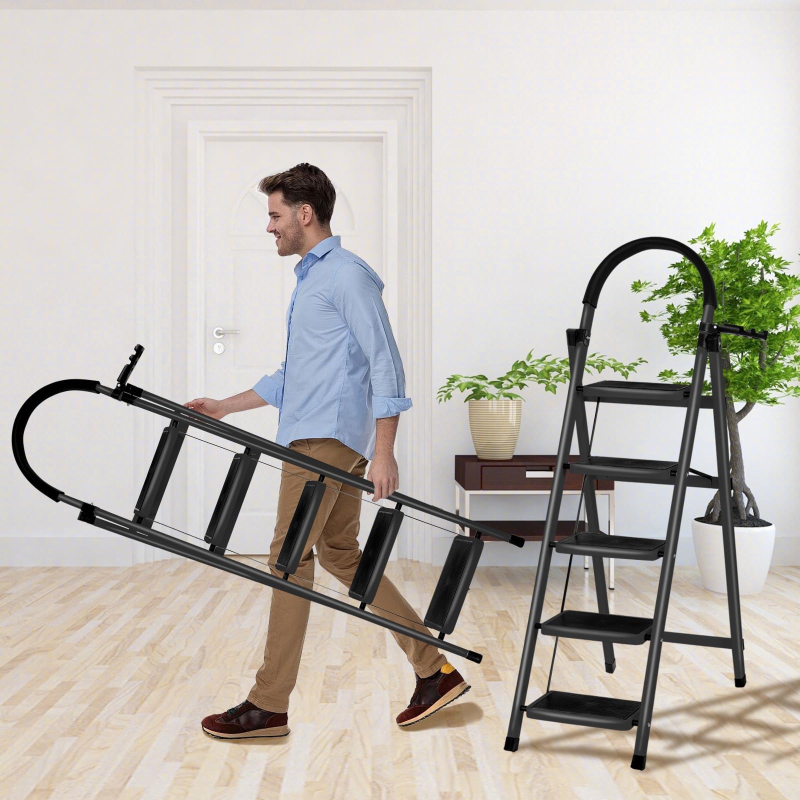 Échelle Compacte avec Poignée en Caoutchouc, Escabeau 5 Marches Pliable, Design Antidérapant, Fabriquée en Acier Alliage de Haute Qualité, Charge Maximale 150kg, 152 x 87 x 39 cm - 5 marches (Noir)