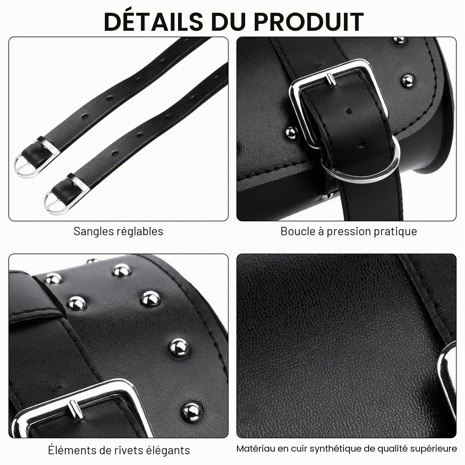 Sacoche de selle de moto en cuir synthétique avec sangles réglables - Sacoche à outils pour guidon de moto - Compatible avec Honda, Kawasaki, Suzuki, Yamaha (noir)