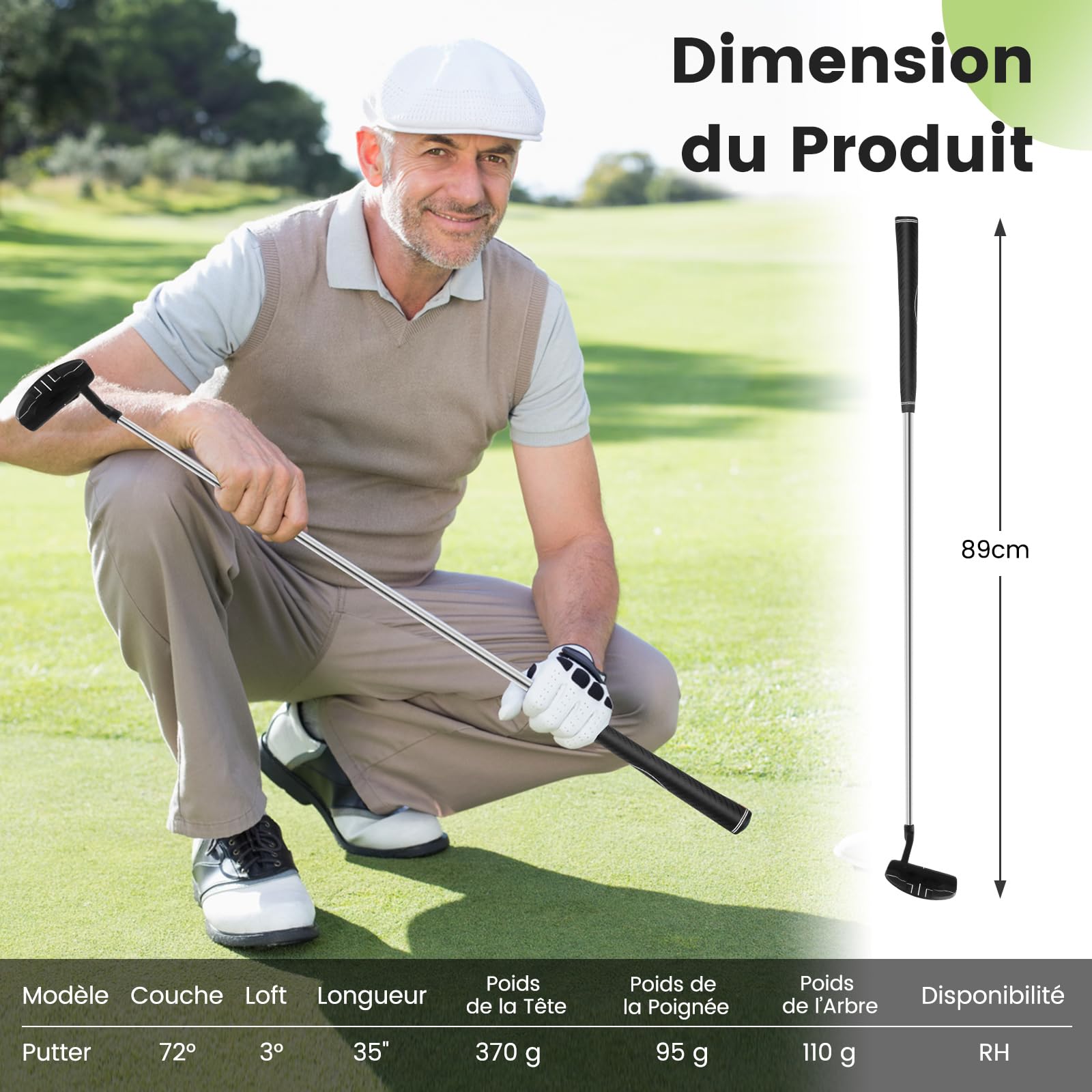 COSTWAY Club de Golf Putter 89 cm pour Droitier, Putter de Golf Style Maillet avec Lignes d'Alignement Couvre-Golf, Coin de Pincement 3° et Inclinaison 72° pour Débutant et Expérimenté