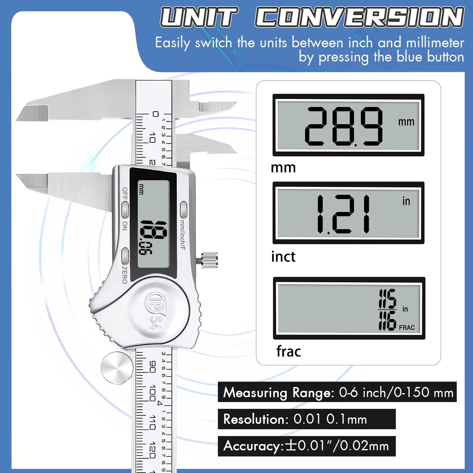 Elektronischer digitaler Messschieber, Umrechnung in Zoll und Millimeter, LCD-Display, 0-6 Zoll (0-6 Zoll), automatische Abschaltung, geeignet für Schmuck/DIY Messung (150 mm/mm)