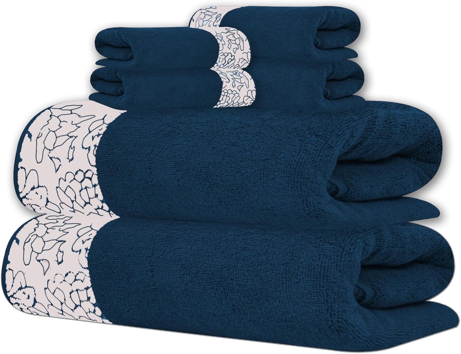 ELITE 6-Piece Jacquard Bath Towel Set – 100% Cotton 600 GSM Luxury Towels – Soft, Absorbent & Quick Dry – Bath Towels, Hand Towels & Washcloths with Elegant Floral Design, Gift Ready (Navy Blue)