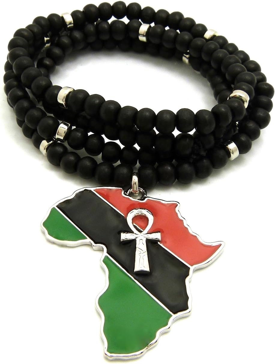 GWOOD Africa with Ankh Metal African Pendant Necklace 30 Inch Black Wood Bead Chain