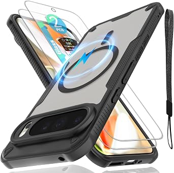 for Google Pixel 9 Pro XL Case with Magsafe Magnetic Slim Shockproof Protective Case,Translucent Matte Back with Lanyard Strap and 2 * 9H Tempered Glass Screen Protector Phone Cover 6.8-inch-Black