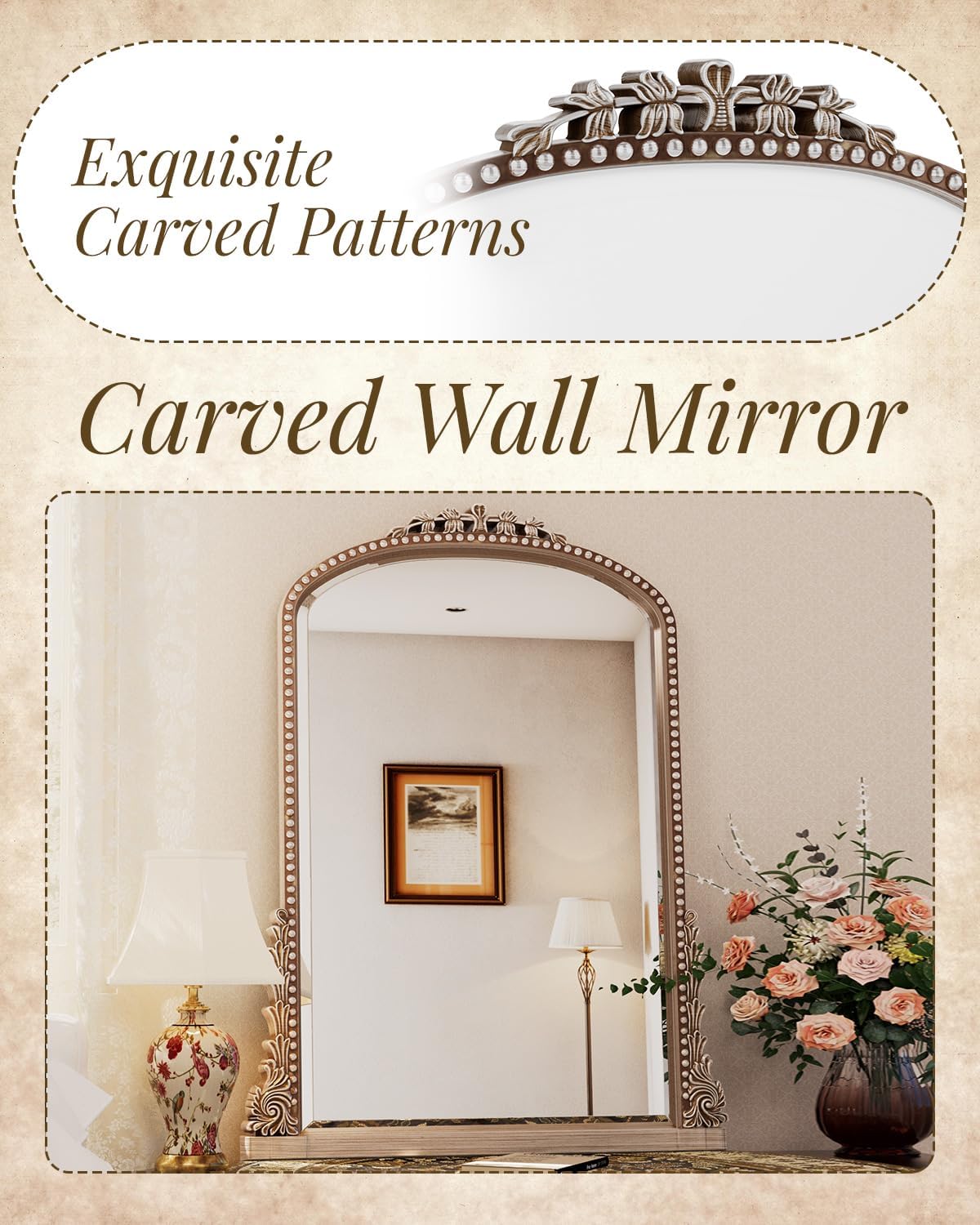 Wall Mirror, Vintage Carved Bathroom Mirror 22" x 32" Antique Metal Frame Wall Mirror for Bedroom, Living Room, Entryway, Fireplace, Hallway, Silver