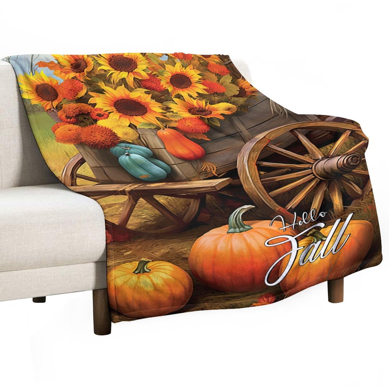 Couverture polaire en flanelle grand plaid lit et décoration citrouilles ferme