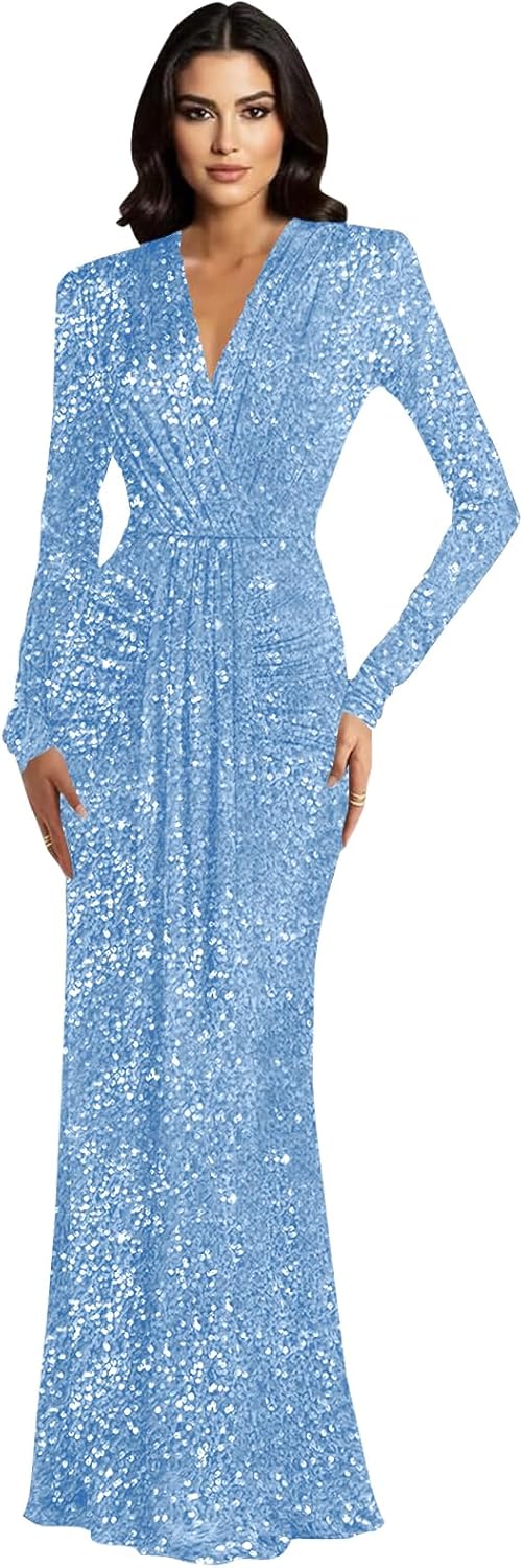 Sparkly Sequin Prom Dress V Neck Bridesmaid Dresses Long Sleeve Formal Gown for Women