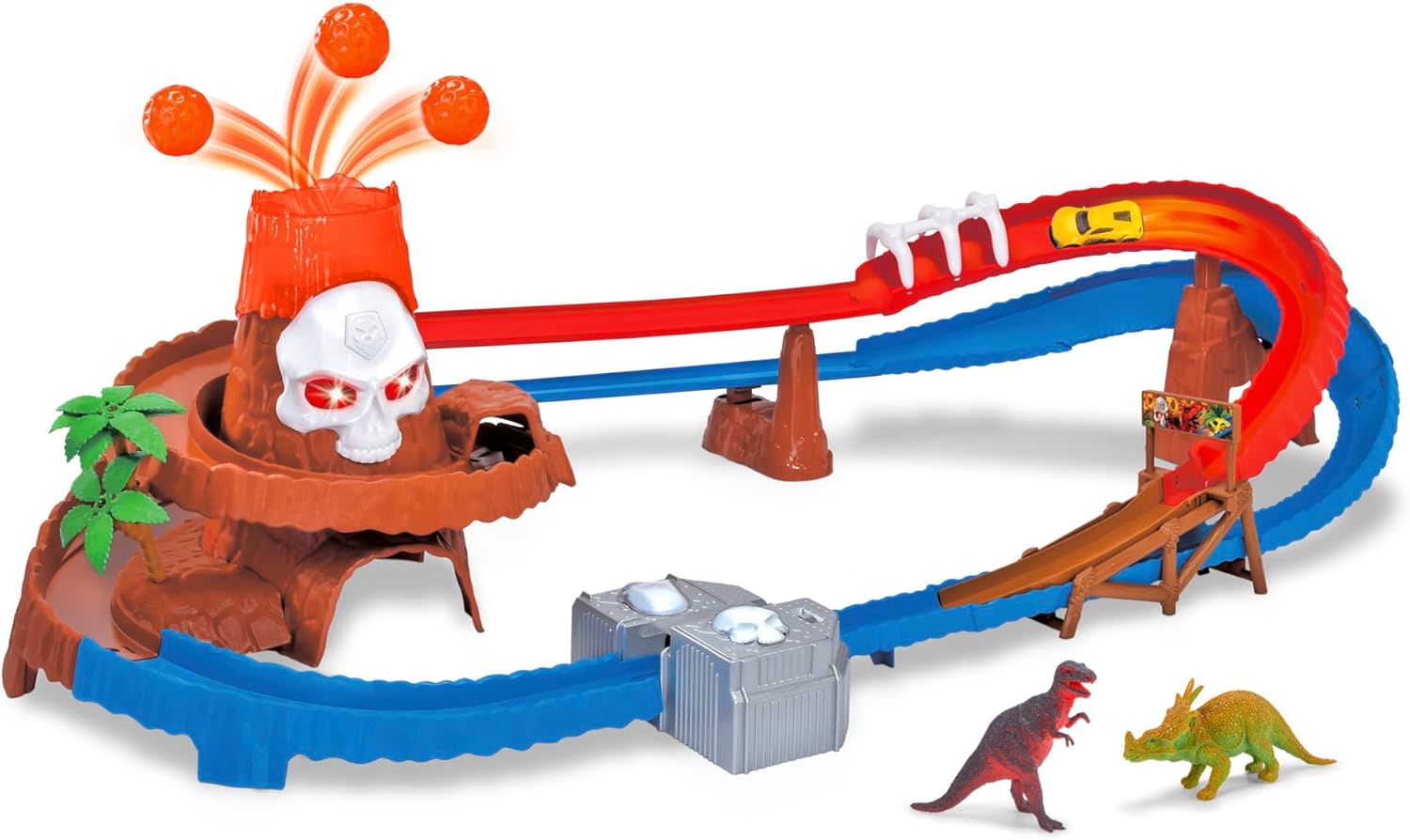 Dickie Toys - Skull Volcano Track (100 cm) with volcanic eruption, Car and Dinosaur Accessories - Highway Toy for Children from 3 Years, with Light and Sound, Batteries