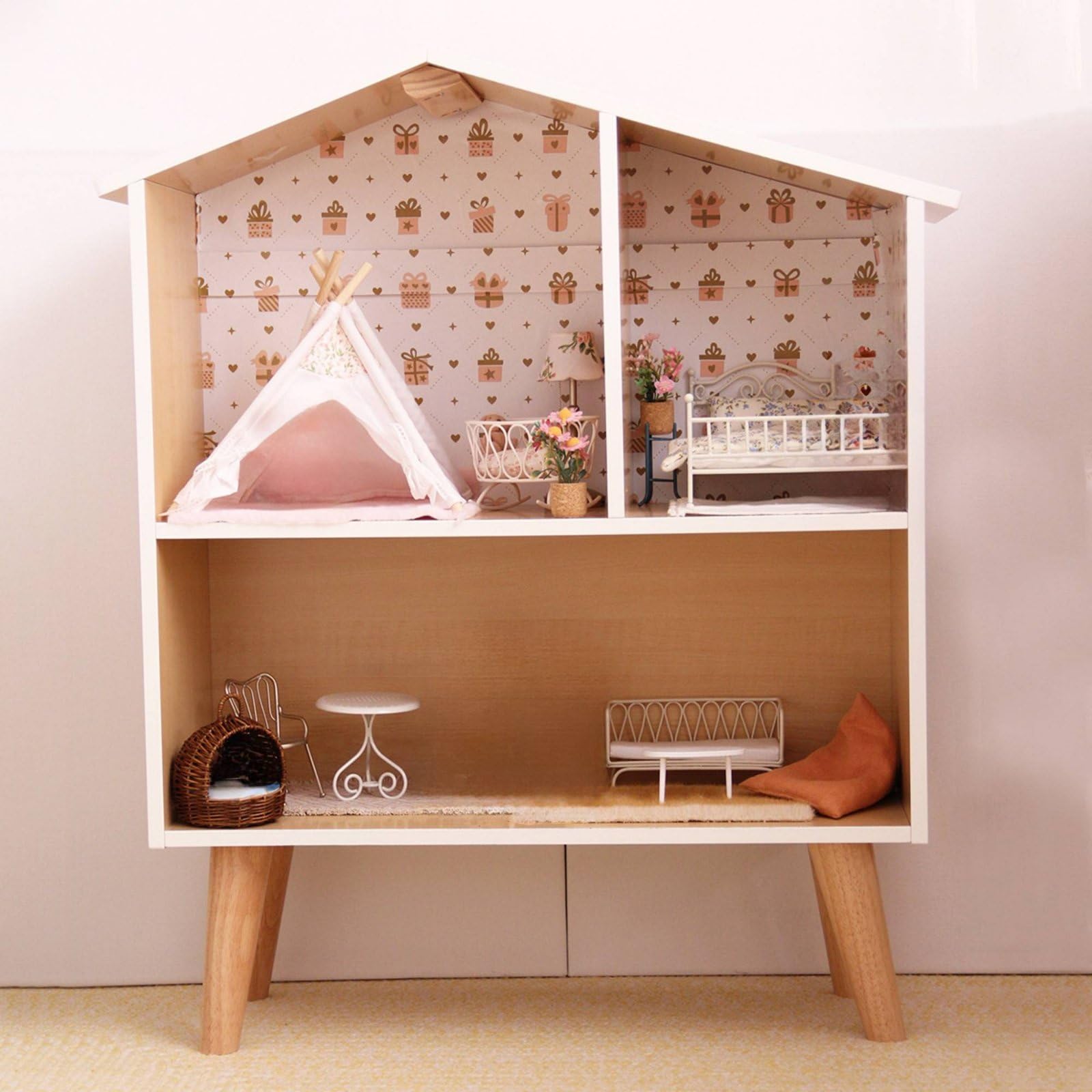 DIY Puppenhaus Holzspielhaus Regal Aufbewahrung Kinder Möbel Bausatz Lernspaß Kreative Gestaltung Solider Holzrahmen mit Fächern für Kinderzimmer Spielzimmer Vorschule Geschenk Heimdekoration