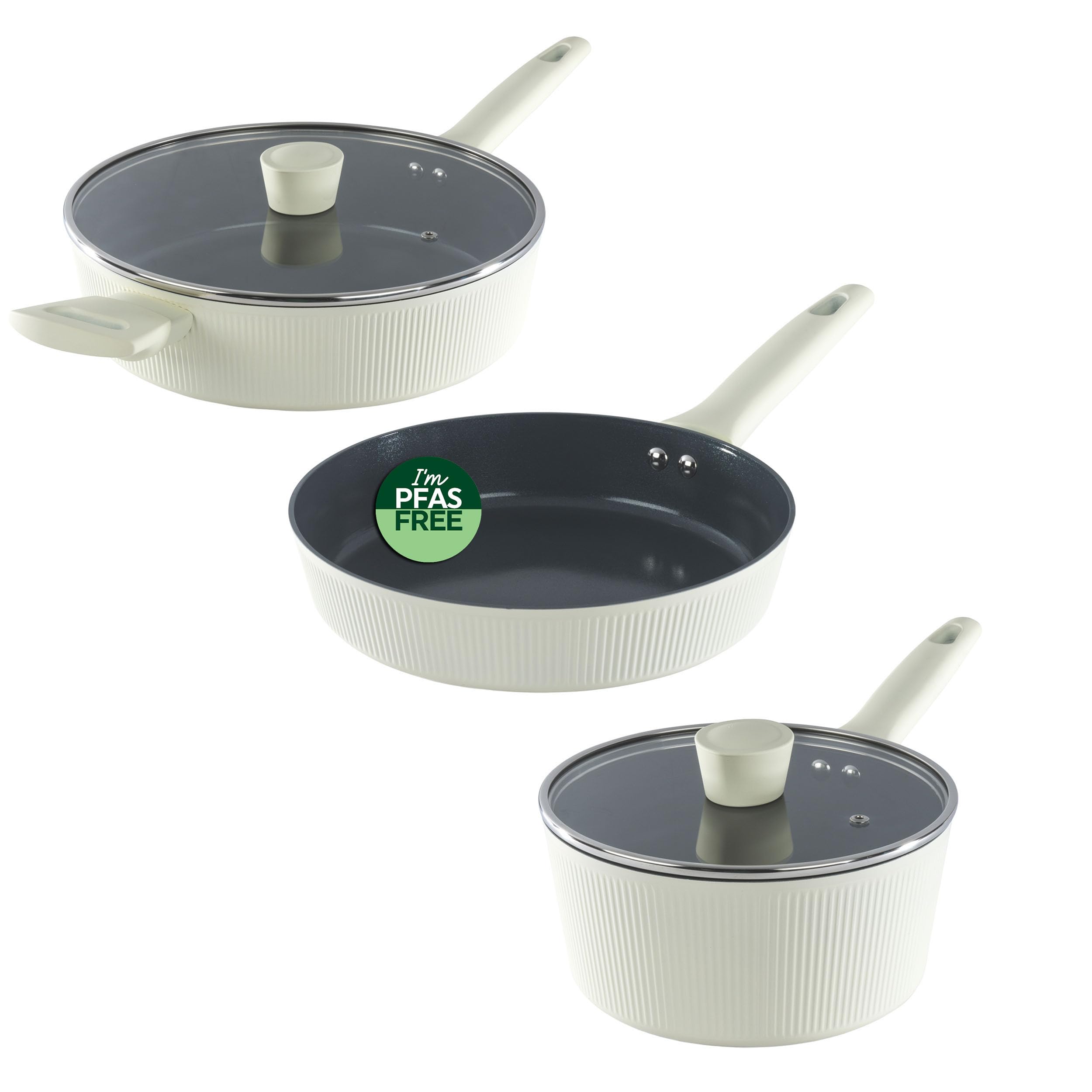 Russell Hobbs Côte Ceramic Pan Set – 28cm Sauté Pan with Lid, 24cm Frying Pan & 20cm Saucepan, PFAS-Free Non-Stick, Forged Aluminium, Soft-Touch Handles, Induction Compatible, Cream