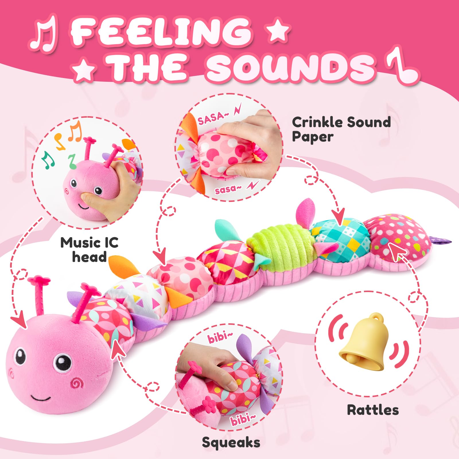 Baby Toys 0-6-12 Months,Infant Musical Stuffed Animals Activity Toys with Muti-Sensory Crinkle,Rattles,Baby Girl Toys Gifts for Newborn Tummy Time,Caterpillar,Pink
