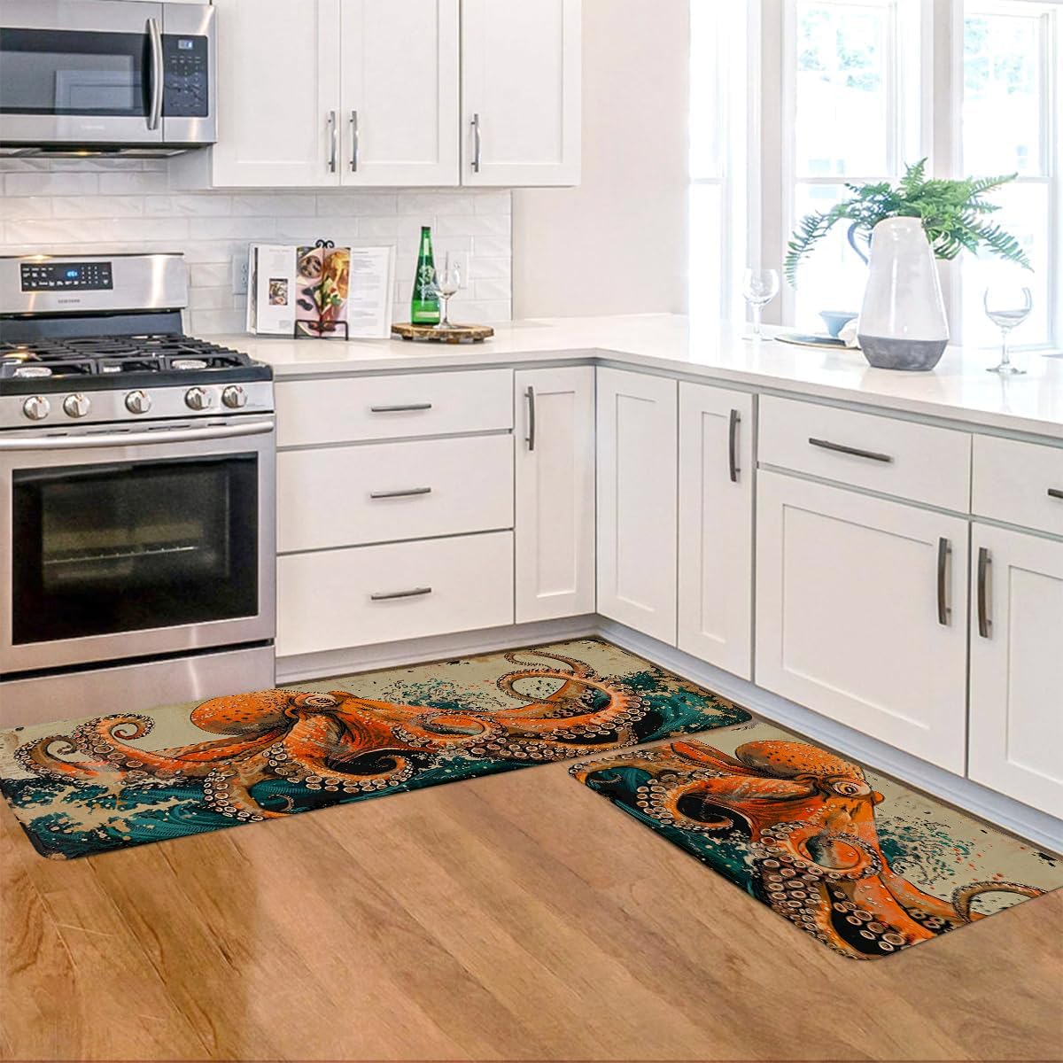 Red Octopus Kitchen Rugs Set of 2, Ocean Kraken Tentacles Kitchen Mats with Rubber Backing Non Slip for Kitchen Bathroom Livingroom Home Office, Octopus Pattern Rug, 17"x47"+17"x29"
