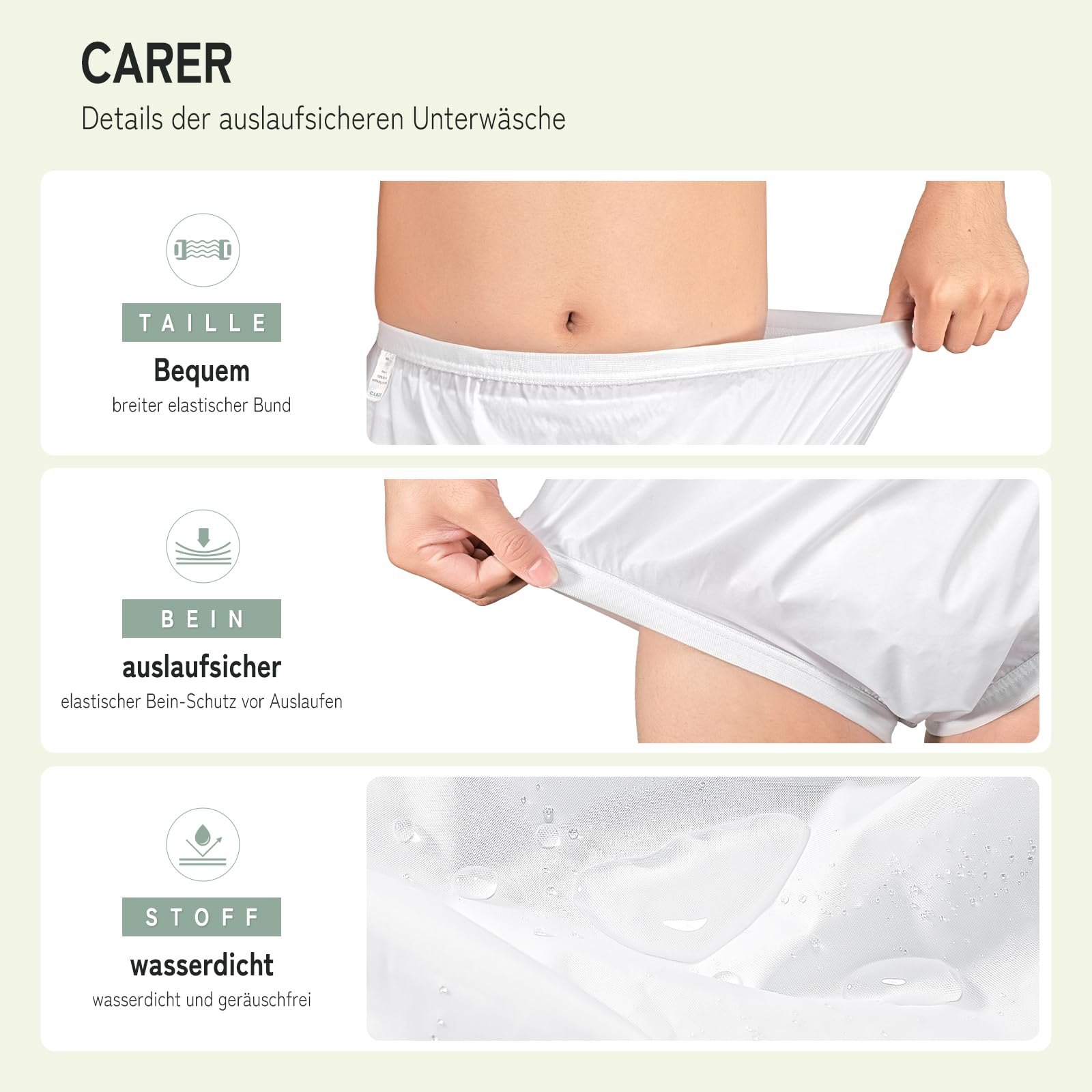 Carer Auslaufsichere Unterwäsche für Erwachsene für Inkontinenz, waschbar, geräuscharm Kunststoffhose Unisex, 2 Stück Weiß M