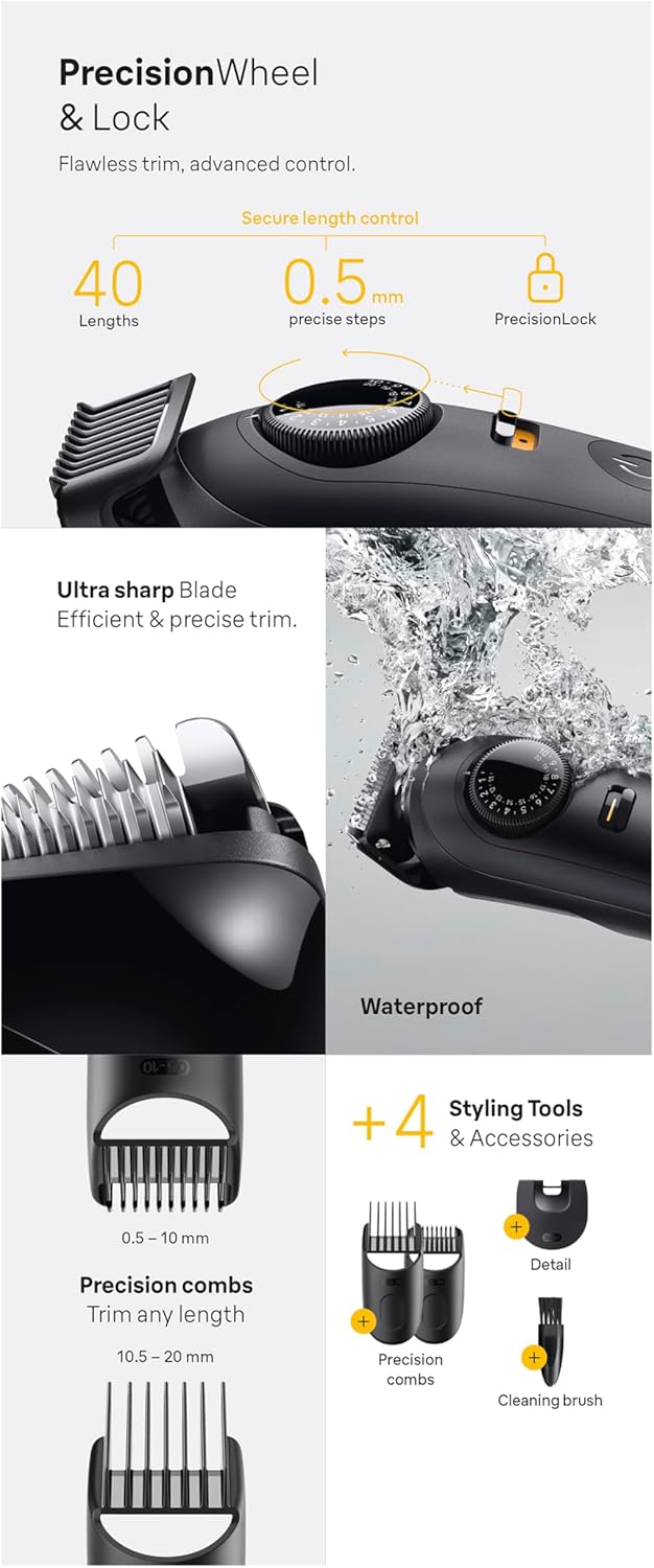 Close-up of Braun Series 5 BT5520 PrecisionWheel, ultra-sharp blade, waterproof feature, and accessories