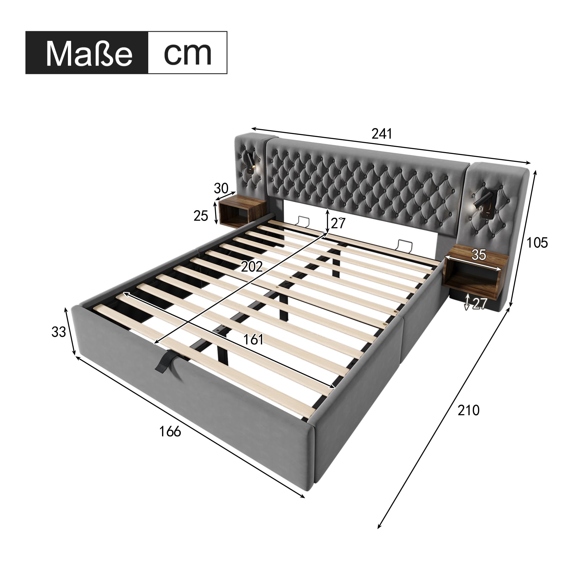Bettanlage Schlafzimmer Komplett Set,Polsterbett Hydraulisch Stauraumbett Doppelbett mit 2 Nachttischen, Kopfteil Leselicht mit USB Ladefunktion, Samt, Ohne Matratze (Grau/2 Nachttischen, 160x200cm)