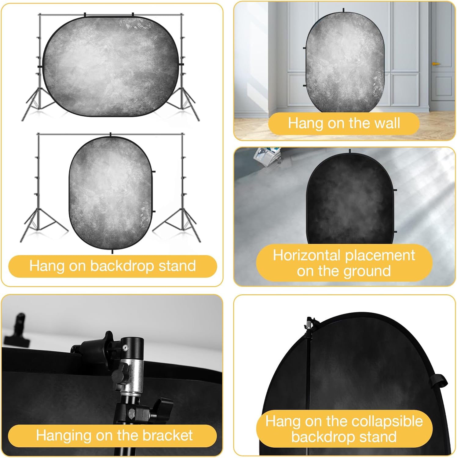 Kate 5x6.5ft(1.5x2m) Collapsible Backdrop Folded Microfiber Professional Grey and Black Double-Sided Pop up Collapsible Background for Photography