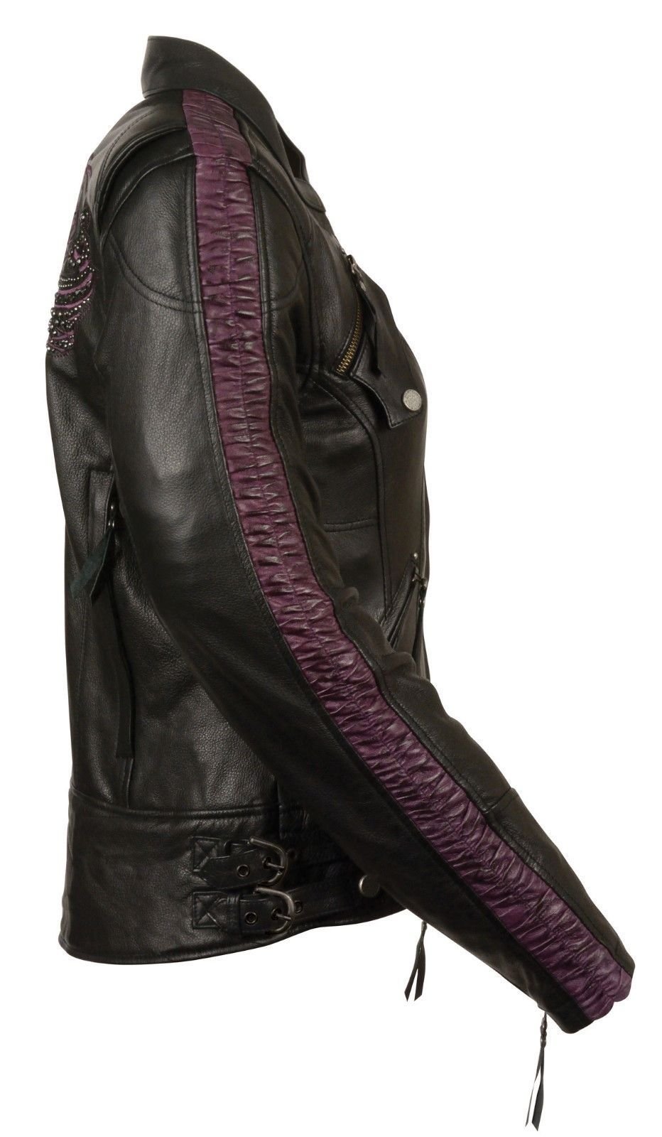 Womans Motorcycle Riding Black Purple Leather Jacket w Pheonix Embroidery — view 4