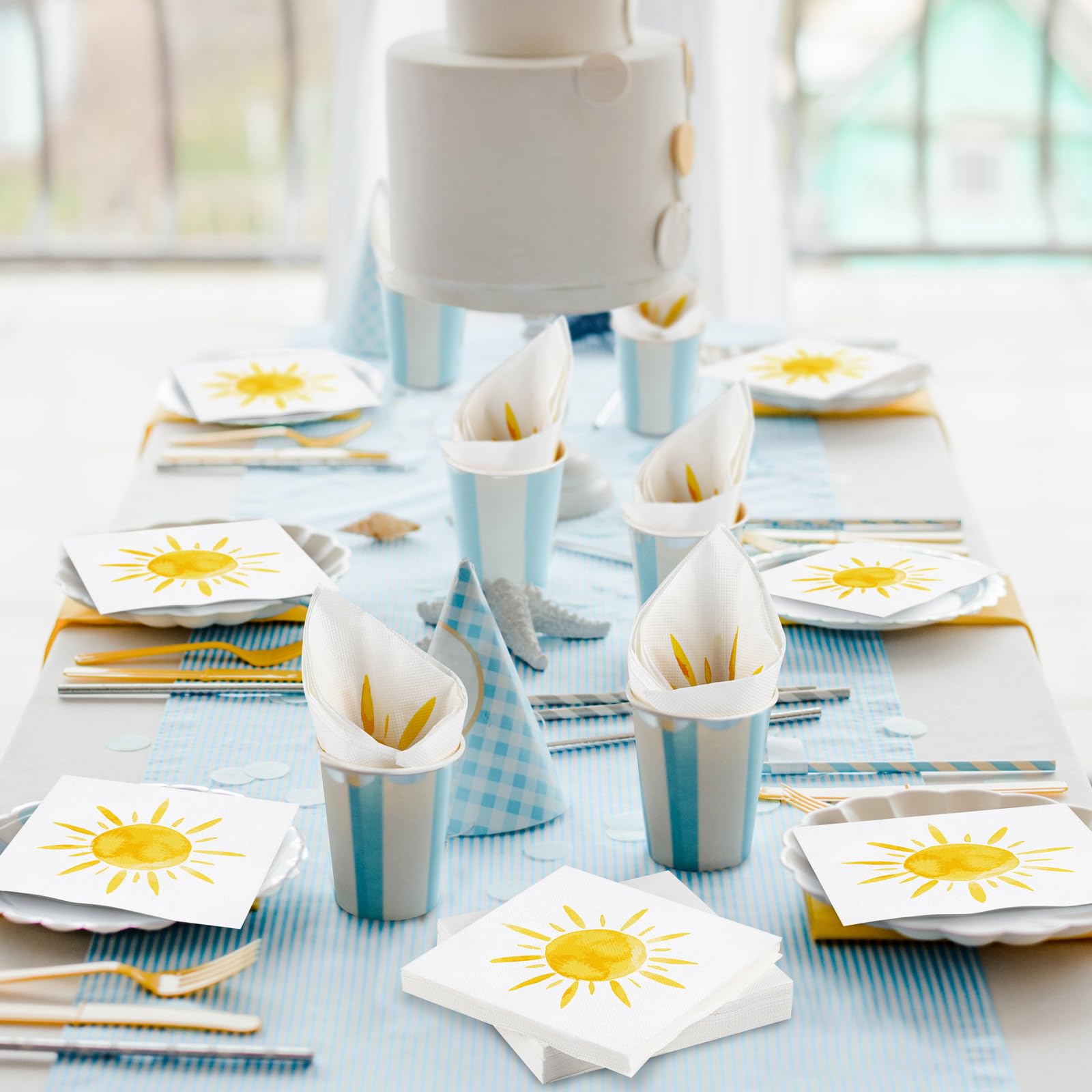 Aodaer Lot de 48 serviettes jetables en papier pour décoration d'anniversaire, cocktail, dîner, 33 x 33 cm, serviettes de table dépliées pour fête d'anniversaire au soleil