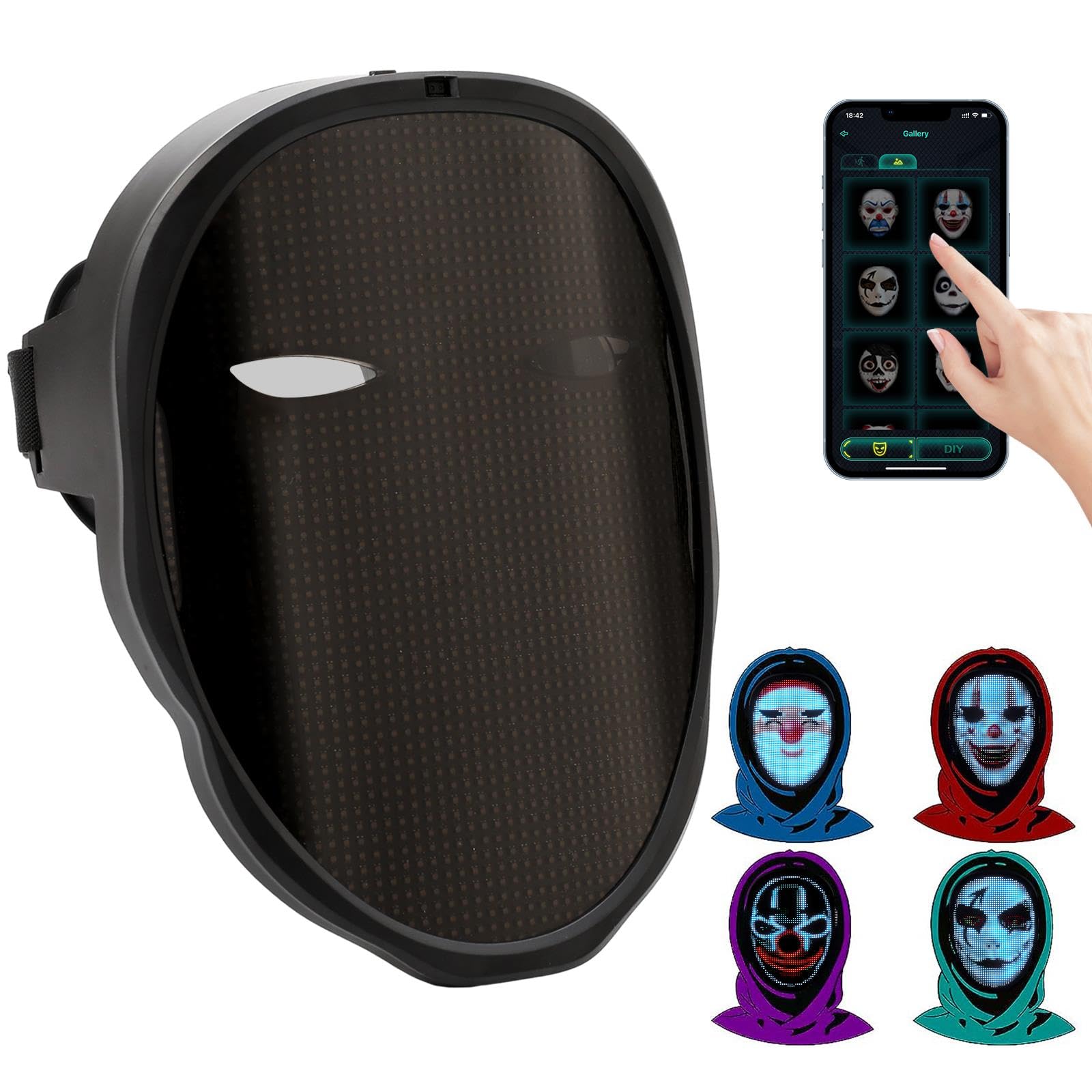 Kouamor Led Masken Leuchtmaske Gruselige Leuchtmasken mit Wireless App Control, LED-Maske mit Gestenerkennung, 45 Animationen, 70 Bilder, DIY-Muster für Kostüm, Cosplay, Party, Maskerade