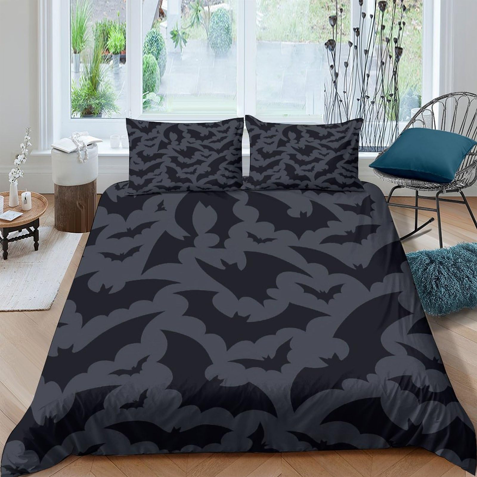 GPLZQXKJNH 3D Printed Black Bat Pattern Duvet Cover Microfiber Soft Breathable Gothic Halloween Bedding Set with 2 Pillowcases for Bedroom Decor Single（135x200cm）