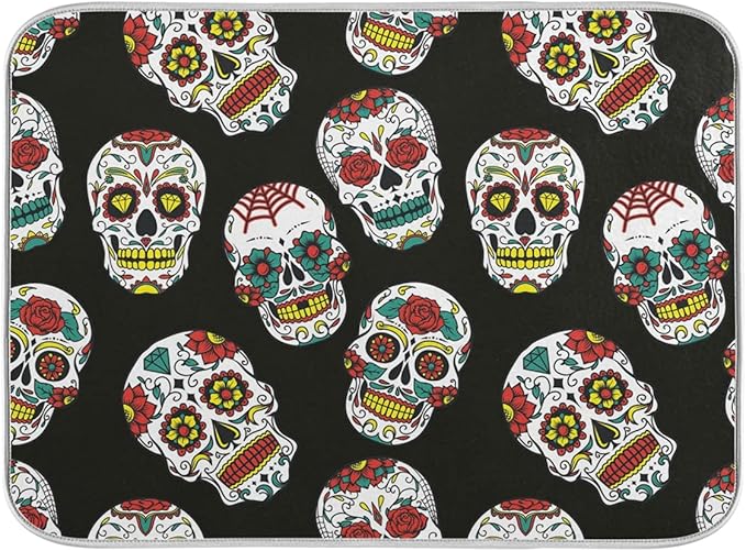 Day of The Dead Colorful Sugar Skulls Dish Drying Mat,16 x 18 Inches Microfiber Kitchen Countertop Table Protector Multi-Purpose Counter Rack Sink Drainer Pad