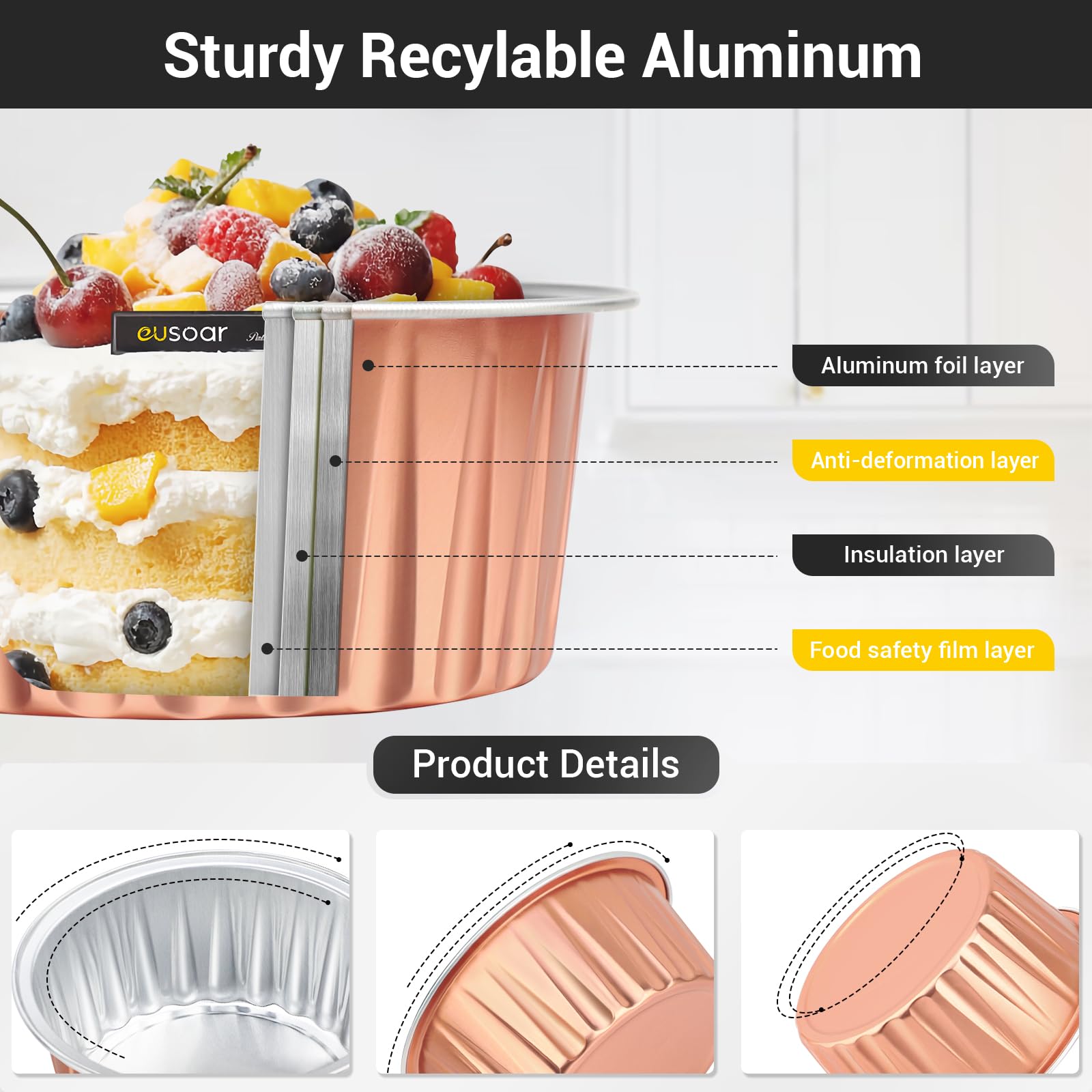 EUSOAR Tazas para magdalenas para hornear, 200 moldes de aluminio de 5 onzas con tapas, recipientes reutilizables de crema brulee, pequeños ramequines de postre, moldes de flan de natillas para boda,