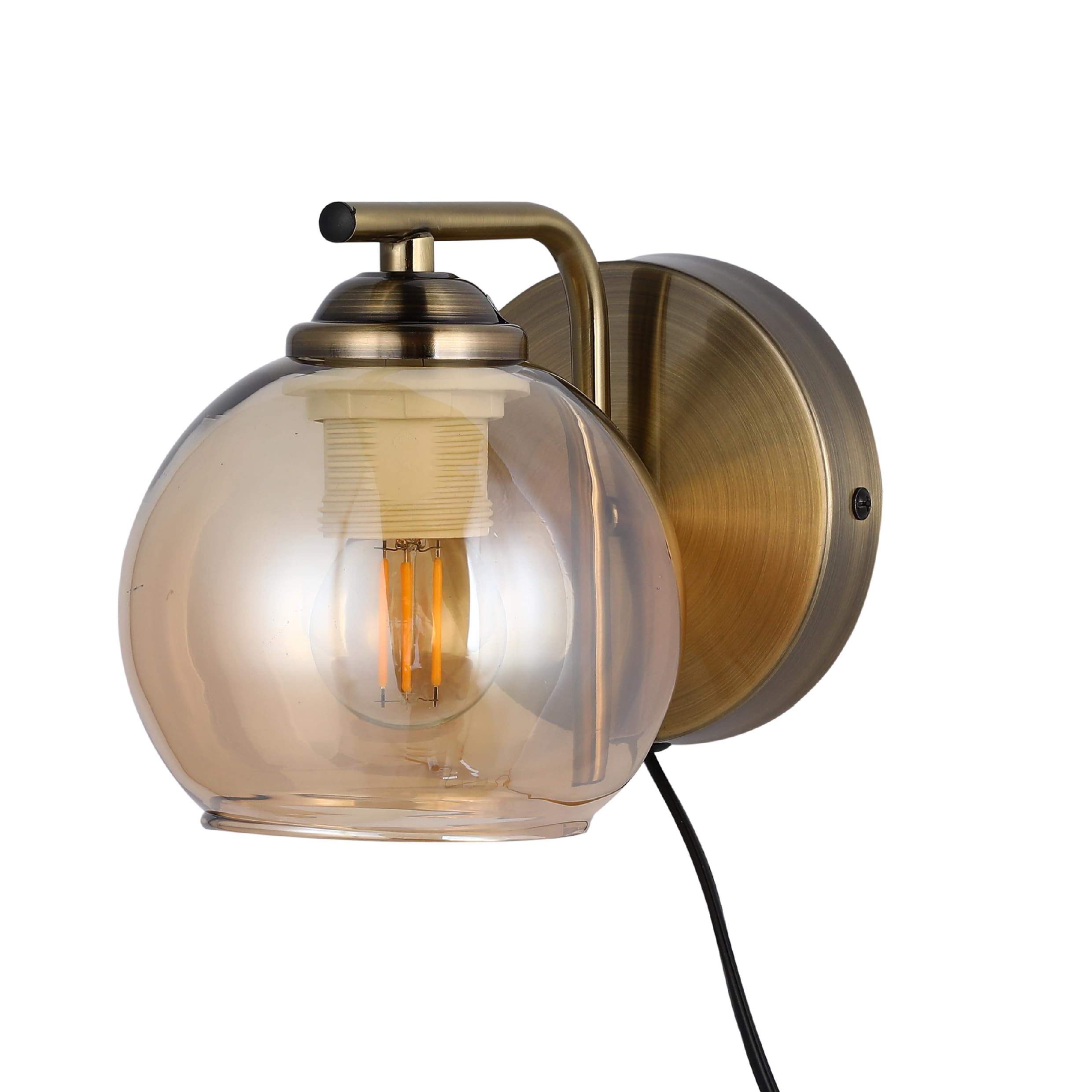 Tekled Antique Brass, Amber Myhome Plug-In L-Shape Antique Brass Dome Glass Wall Light | E27 Fitting | For Bedrooms Living Rooms Hallways Cafes Restaurants Commercial Spaces | (Bulb Not Included)
