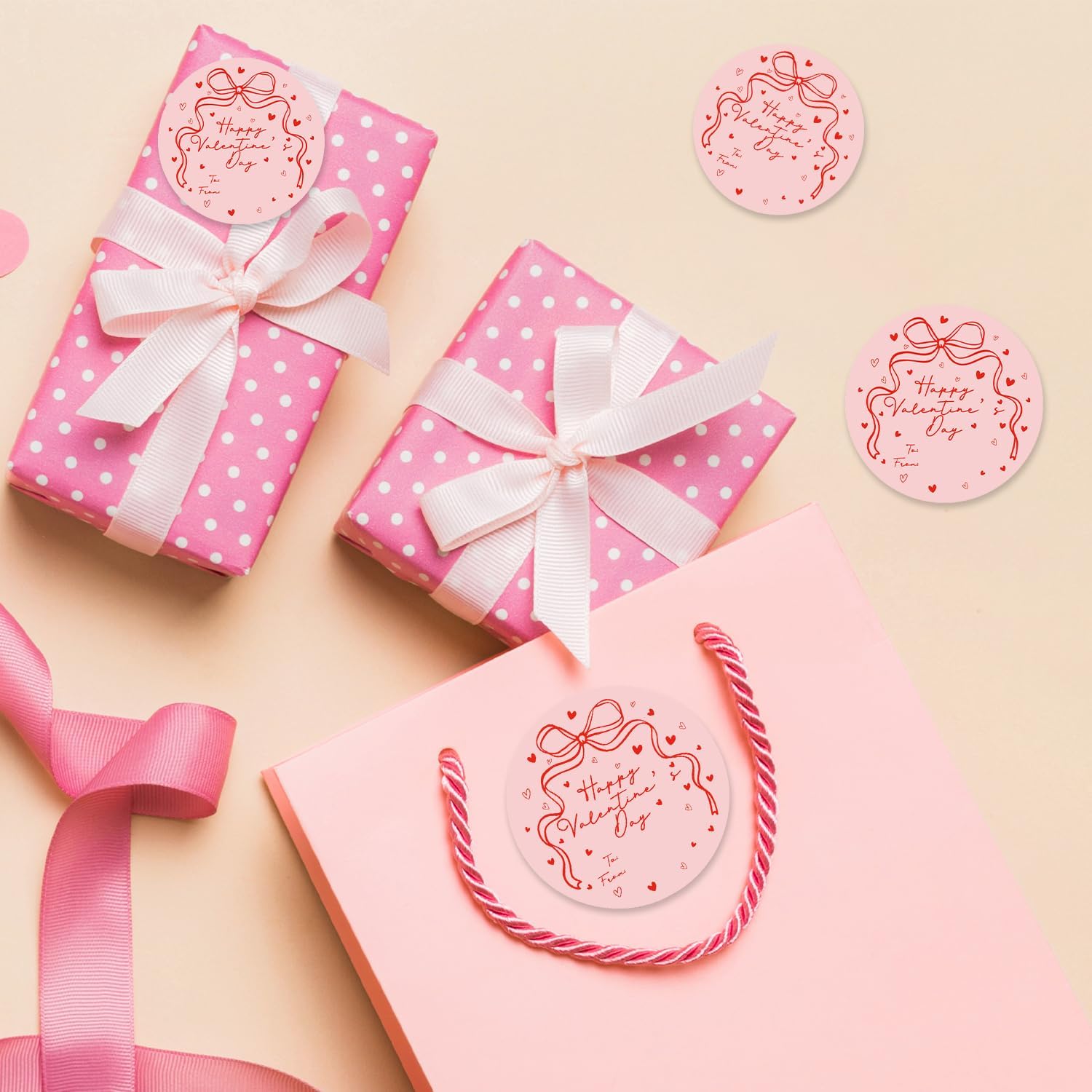 Happy Valentine's Day Sticker, 40 PCS 2 Inch Pink Red Bow Gift Tags Wrapping Adhesive Sticker for Kids Adults, Party Supplies for Valentines Decoration -04