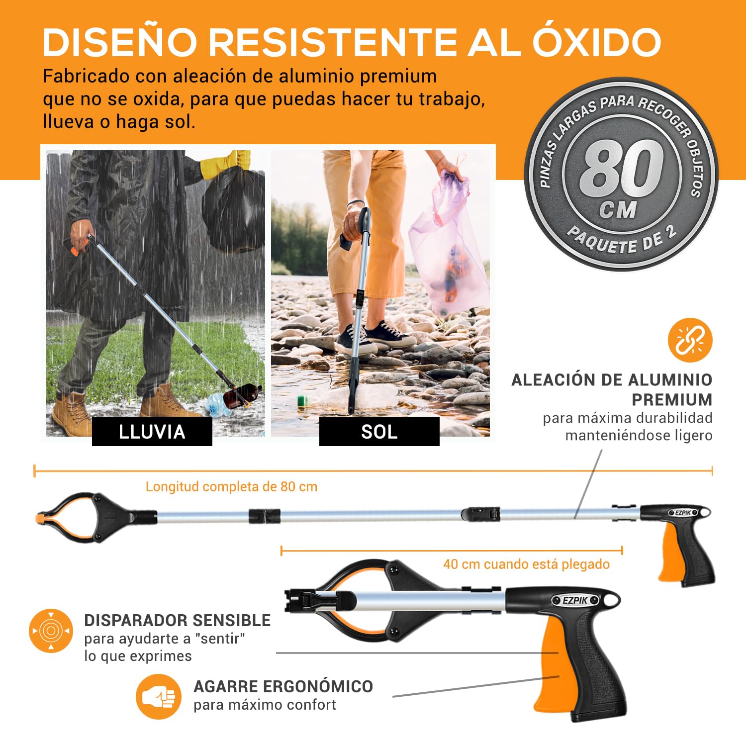 EZPIK® Pinza Recoger Basura 80 cm - Pinzas Extensibles para Personas Mayores - Palo con Imán Telescópico para Minusválidos y Ancianos - Pinza Recoger Objetos y Fruta [Color Negro, Pack 2]