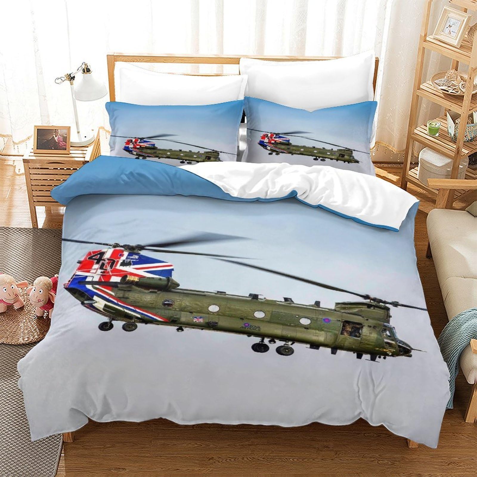 3D Chinook With The Union Jack Duvet Cover With Hidden Zipper, Military Helicopter Quilt Cover with Pillowcases, Chinook With The Union Jack Bedding Set Soft Microfiber for Kids Adults King（220x240cm