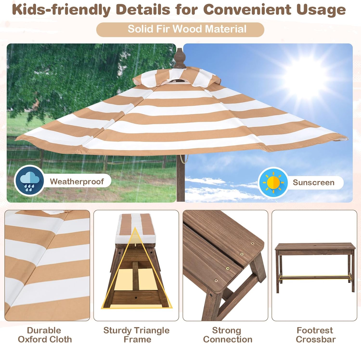 Olakids Kids Picnic Table, 2 in 1 Outdoor Toddler Wooden Table and Chair Set with Removable Cushions Height Adjustable Umbrella, Children Activity Furniture Bench for Patio Garden Backyard